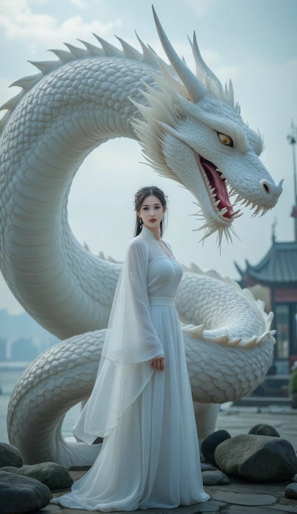 Beautifull women and white dragon blue sky..full body