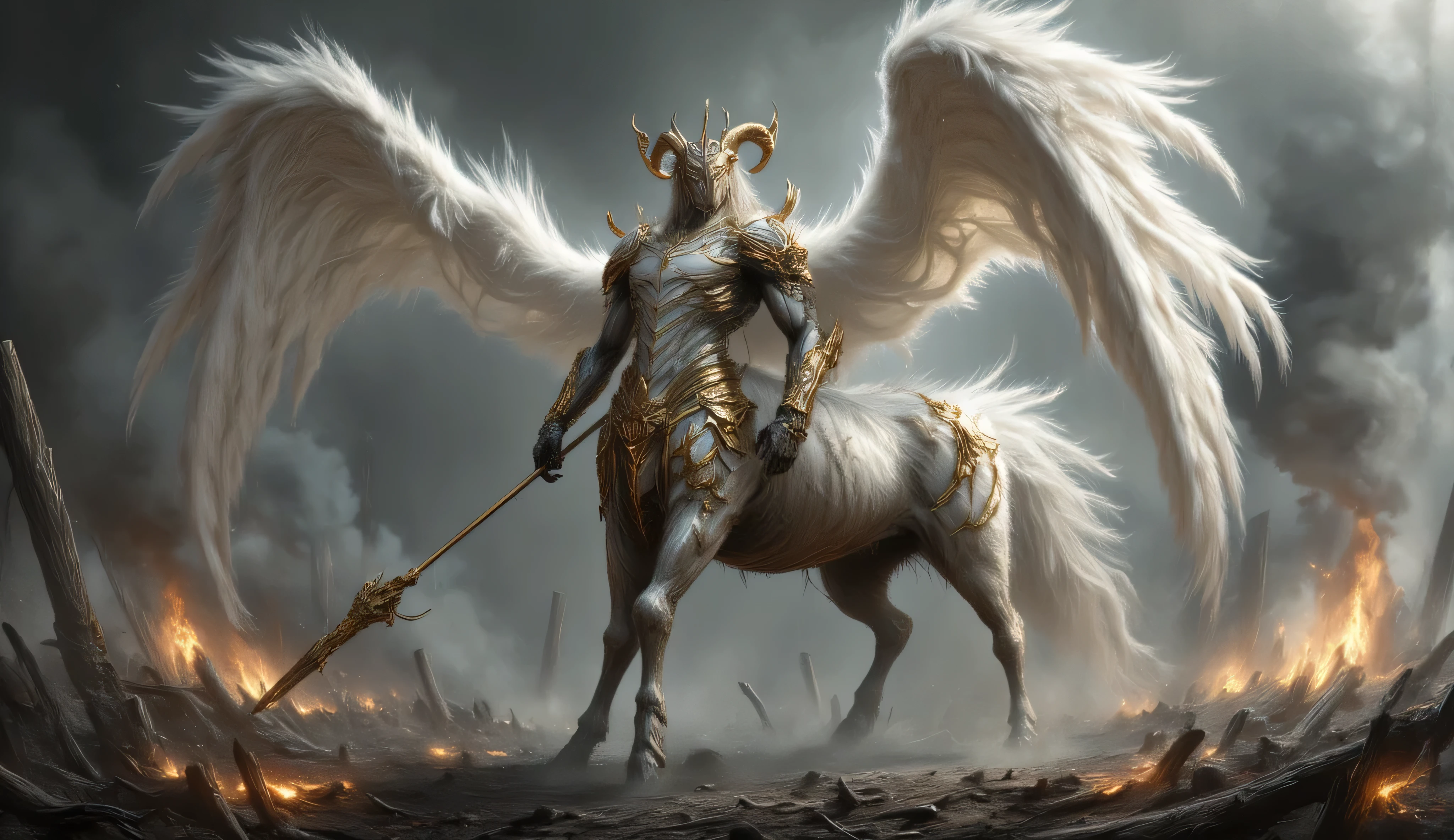 A centaur with a medieval two-handed forged beautiful golden spear. He has a crown of branches. He is clad in white armor with golden elements. Two large golden ram horns from the head. Two large white feathered wings grow out of the back. white centaur fur. the dark earth. Torches. Earlier in the morning. grey sky. . around the bone. . horror