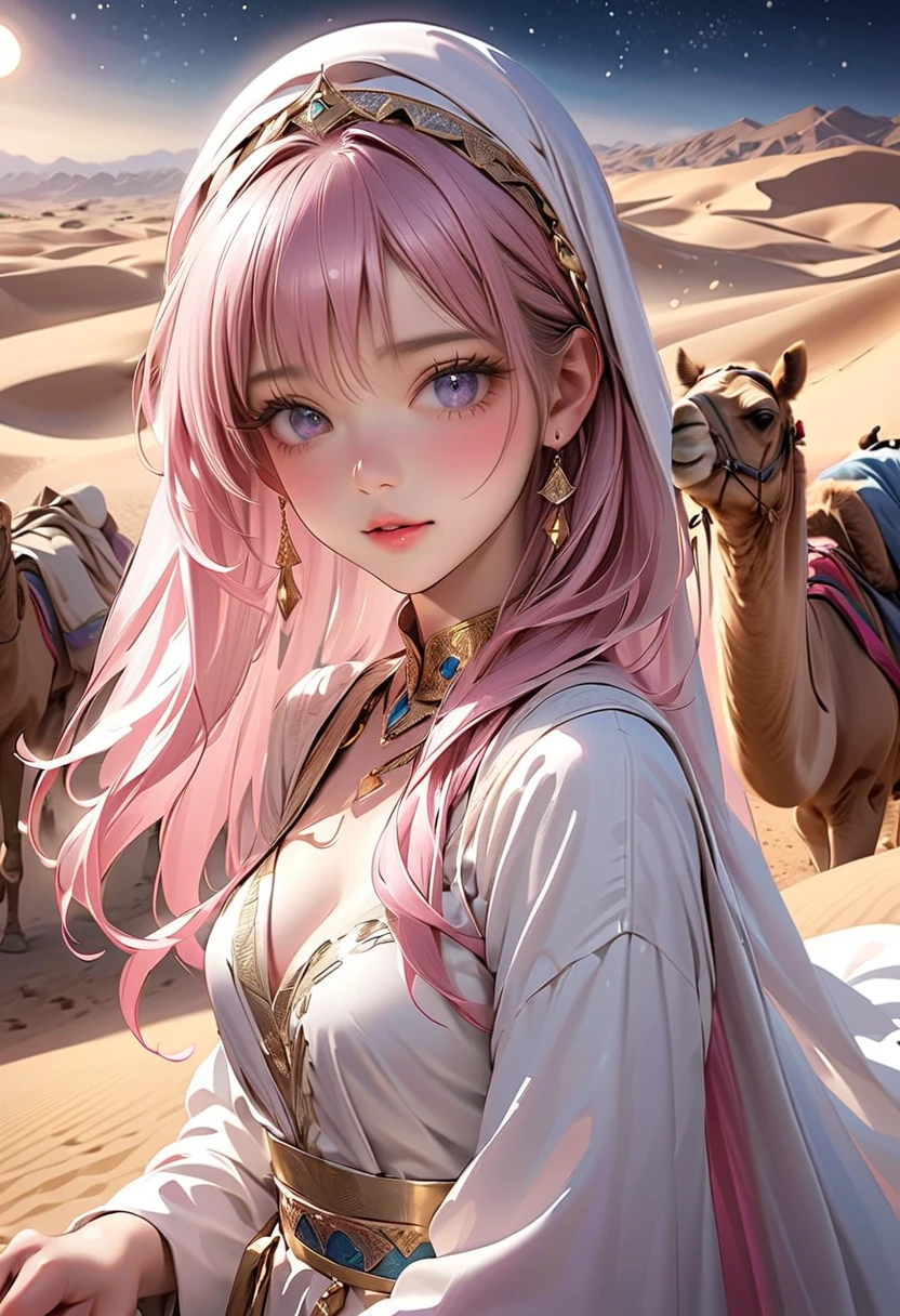 fantasic illustration, masterpiece: 1.2, highest quality, highres, 16k, beautiful detailed, ultra-realistic, photo realistic: 1.37, beautiful cute princess in a camel caravan in the moonlit desert, hug the camel's neck, light smile, through bangs, gold circle earrings and bracelet, growing eyes, shining pupils, blushed cheek, shiny rosy lips, wearing white robe:1.2, delicate beautiful (hair, face, eyes, pupils, long eyelash, desert), middle-breasts, arabian nights world view, 