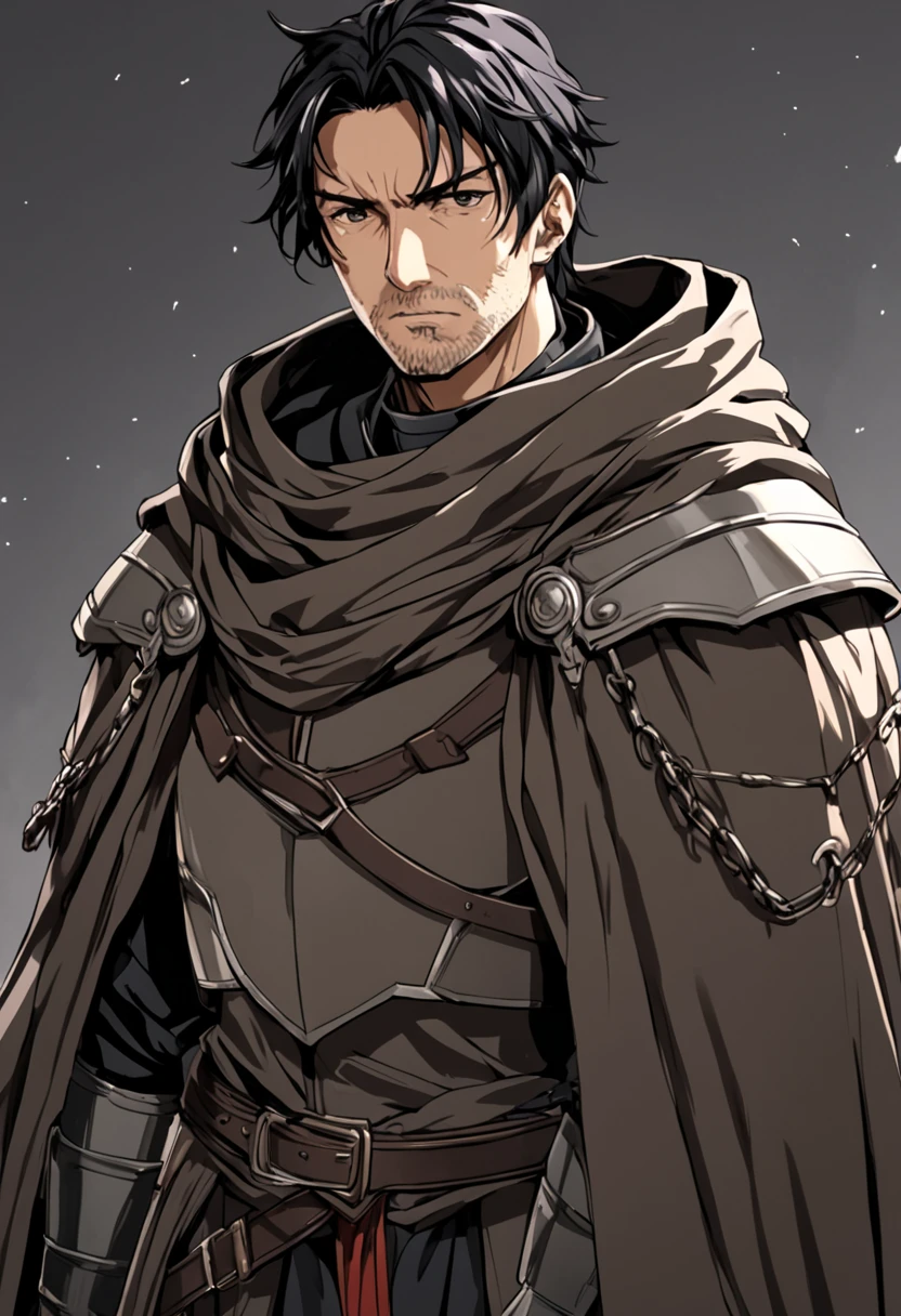 mature Male crusader anime character with short messy black hair, with brown confessor hood.