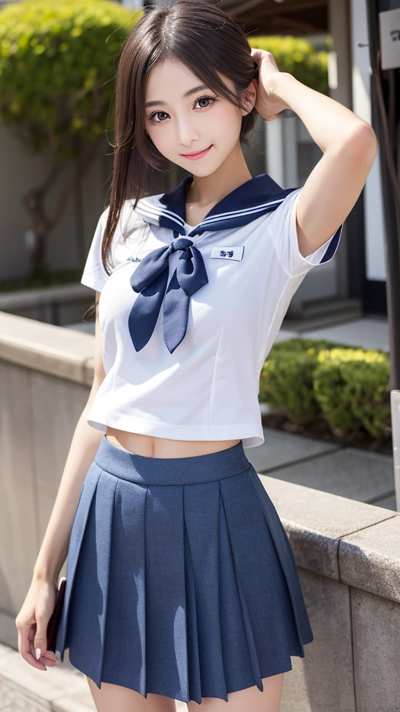 neat college girl、petite person、Outside the field、(Slimed、small tit、flat boobs、small tit)、Photorealsitic、detaileds, Skin Texture, ultra-detailliert、Delicate and sexy collarbone、A smile、Super Detailed Face、Detailed lips、A detailed eye、二重まぶた、sexy  pose、(( Standing、Legs open、pubick hair、Chest exposed,Japanese high school girls uniform))、NSFW、a small face、no  skirt