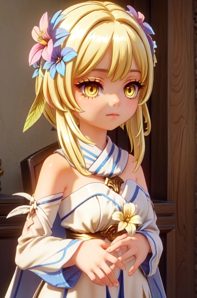 lumine, bangs, blonde hair, hair ornament, hair between eyes, (yellow eyes:1.3), flower, hair flower, feather hair ornament,