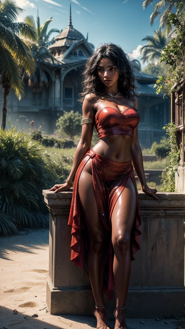 best quality, nsfw, extremely beautiful, beautiful face, Full body. red curly hair. Bright red eyes., (Dark skin. Shiny skin : 1.6), big breasts, topless long sexy dark blue and gold dress neckline navel long blue open_front_skirt, arousal pose, (Accessories: gold-plated chains with torn body : 1.2), (extremely long necklace that goes down to the navel : 1.2) Walking forwards. Walking towards you. licking fingers. Hand up to mouth. Outdoors. Onsen bathhouse. Standing in water. wet. deer hooves hooved legs. Antlers.