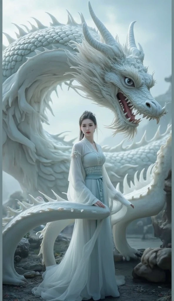 do, Highest quality, Realistic, Cinematic, Detailed face, 8k, Ultra-high resolution, Sharp focus cinematic photography , Highest quality, Super detailed, 8k, mysterious,白い蛇とbeautiful女性,Big white snake,dragon,Asian,Pure white skin,beautiful、goddess