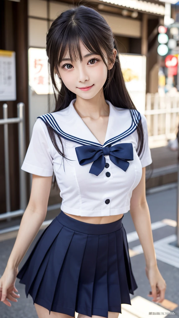 (masterpiece, highest quality:1.2), 8k, official art, RAW photo, incredibly absurd, ( sailor suit, serafuku:1.4), amazing beautiful girl, amazingly cute face, (navy pleated skirt:1.1), close, school uniform, short sleeve, gardenia, violaces, teen, street, looking at the viewer with a smile, no makeup, film grain, chromatic aberration, sharp focus, face light, dynamic lighting, cinematic lighting, detailed eyes and face,short hair、 background bokeh、super slim thighs、((Erotic Panties are showing through、beautiful pussy line:1.1))、(High twin tails with ribbons:1.4),,(((A child with an extremely cute young face:1.35))), 、(very young with big breasts:1.2)