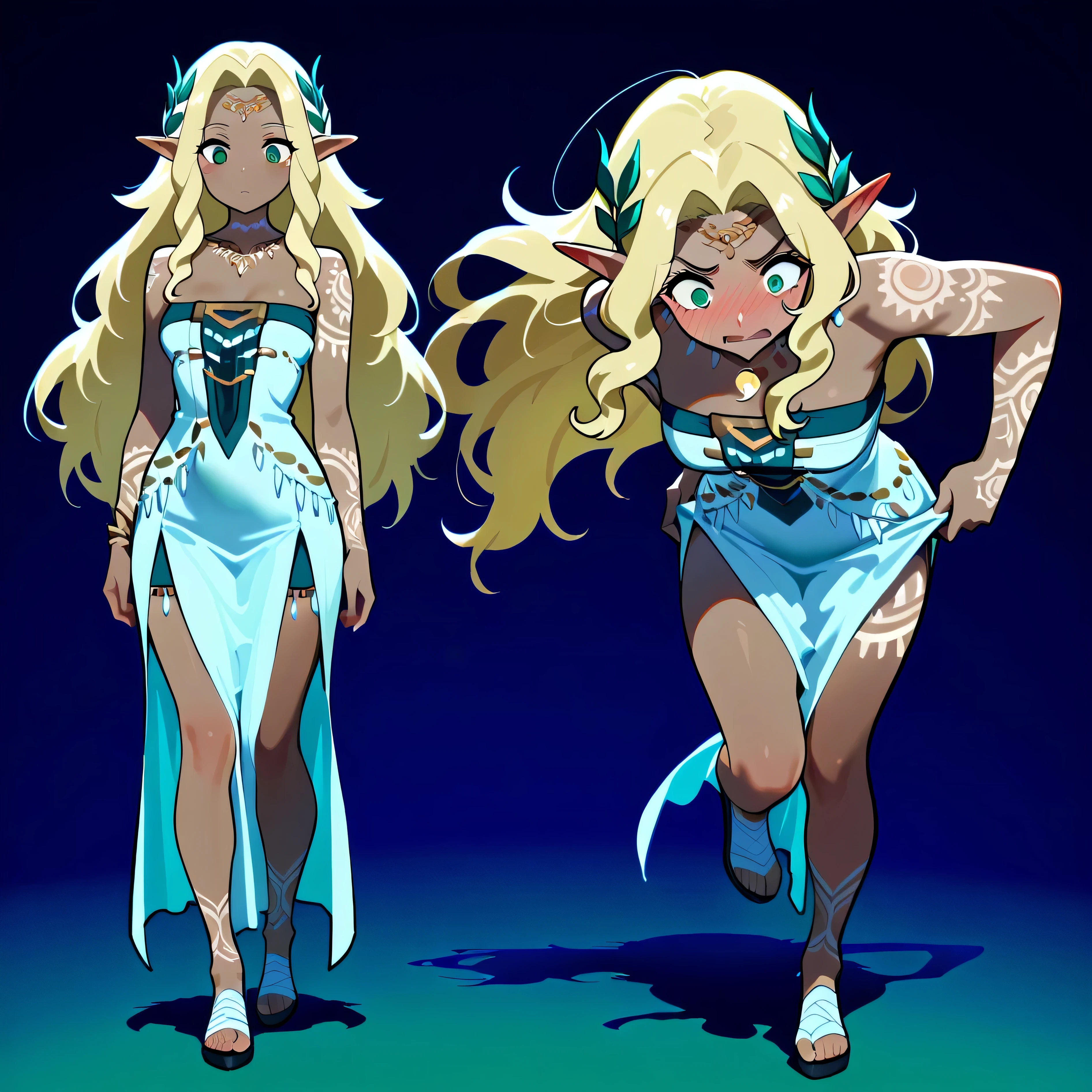 A young woman with long blonde hair, pale skin, blue eyes, sad face, eyes with tears, eyes with tears overflowing from them, is standing inside a dystopian village between a cave and the desert, she wears loose and somewhat worn clothes from an archaeological expedition or similar beige color, she has a thin but beautiful 23 years old, it's a nap time in a place where it's shady, anime, manga style, excellent lighting environment, masterpiece, 8 k quality