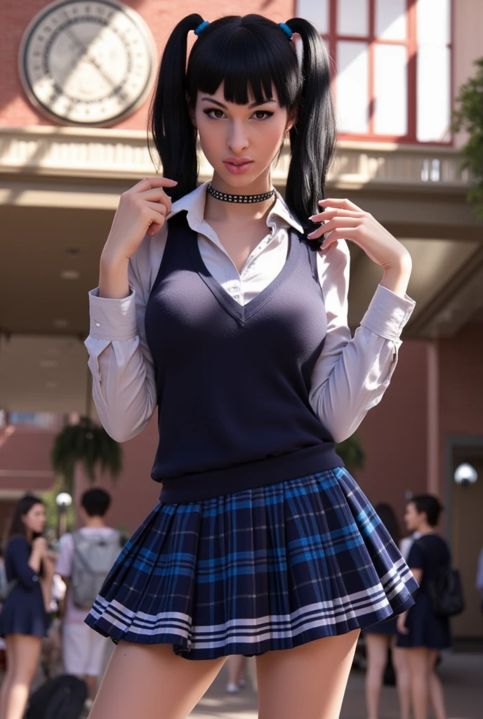 sfw, <lora:BaileyJay:1> BaileyJay, posing, fully clothed, 1990s school girl fashion, dark blue plaid skirt with white stripes, white conservative collared shirt top, (blue tie around neck shirt collar), sweatervest, matching color schemes, ivy league seal, wearing pigtails, good anatomy, beautiful face, detailed hands, detailed face, beautiful young face, detailed fingers, black hair, bangs, trans woman with beautiful yoga body, natural small breasts, covered large erect penis bulge under clothing, crowded ivy league academy common area background locations, godrays, elegant lighting, masterpiece