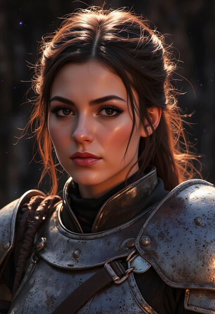 Photo of a beautiful girl as a warrior, model shoot style, extremely detailed CG unity 8k wallpaper, full body shot of the most beautiful artwork in the world, medieval armor, professional majestic oil painting style by Ed Blinkey, Atey Ghailan, Studio Ghibli, by Jeremy Mann, Greg Manchess, Antonio Moro, trending on ArtStation, trending on CGSociety, Intricate, High Detail, Sharp focus, dramatic, photorealistic painting art by midjourney and Greg Rutkowski.