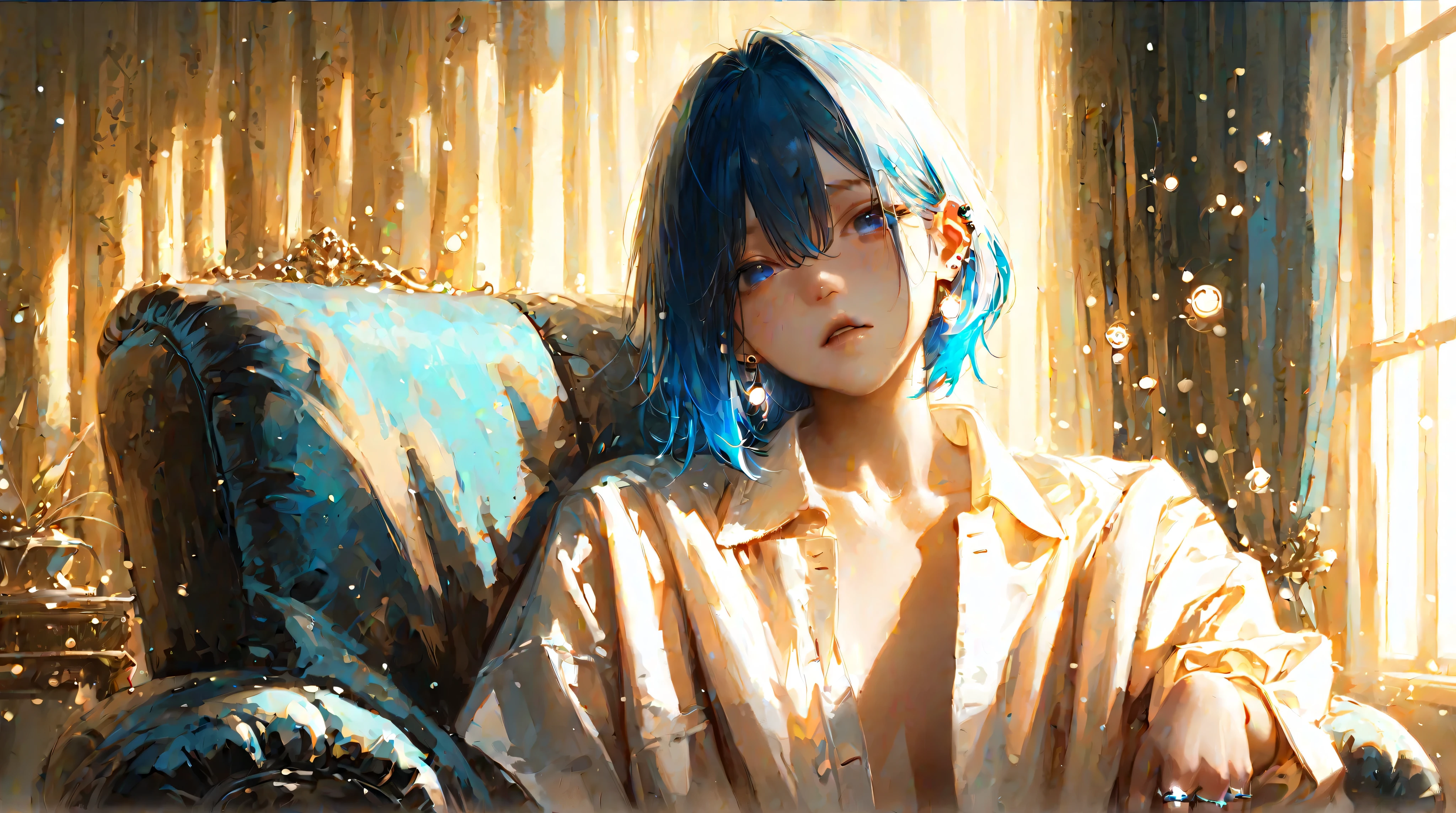 Best quality, masterpiece, absurdres, newest, (atnr style, realistic), solo, jewelry, earrings, 1girl, ring, shirt, textured multicolored background, fully blue hair, white shirt, looking at viewer, short hair, soft and intimate bedroom setting, bangs, collared shirt, single blue-colored hair, nail polish, blue eyes, piercing, eyelashes, upper body, ear piercing, long sleeves, blue hair, hair between eyes, open eyes, vivid theme, open shirt, white gloves, open clothes, streaked hair, romantic atmosphere, soft candlelight casting a warm glow, dimly lit room with golden hues, dreamy expression, delicate blush on cheeks, slightly parted lips, sheets slightly wrinkled, cozy and inviting, air thick with warmth and affection, the scent of lavender filling the space. A digital illustration in an anime style, featuring a young woman seated on a plush armchair by a window with flowing curtains, her expression dazed yet serene, lost in emotion. singing girl, Her pale skin contrasts with the soft golden lighting. Her clothes are slightly loose and relaxed, draped gently over her frame, revealing hints of collarbone and shoulder. The background is intimate and immersive, a beautifully decorated bedroom with flowing curtains, warm-toned walls, delicate fairy lights, and vintage decor, exuding a sense of tranquility and romance by her voice. The air feels thick with unspoken words, emotions lingering in the soft glow, a blend of passion and serenity coming from her singing. The illustration is highly detailed, with delicate brushstrokes enhancing the texture of the fabric, and the gentle interplay of light and shadow across her face. The overall atmosphere blends love, warmth, and quiet passion, evoking a dreamlike, intimate moment frozen in time by her singing.