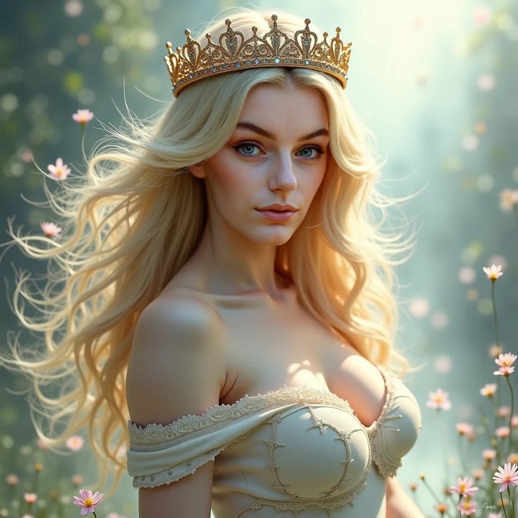 the overall theme and style should feel like. ahybrid of fairytale and Science Fiction. extremely beautiful model, 20 years old female, long Golden-yellow hair,, that has a mettalic glimmer and sheen. realistic, perky breasts, cleavage,, hooped skirt, red corset, large tiara. Wide Smile, Eyes Detailed & Wide, Dynamic Pose. Ultra HD, Rococo-Inspired Fantasy Art With Intricate Details. Cute, Charming Expression, Alluring-Gaze, looking at viewer Beautiful Eyes, An-Ideal-Figure. Large Youthful Well-Shaped-Breasts, Attractive ass showcased. Massive-Round-Bosom, Décolletage. slim waist, fit body, full lipsWarm lights , woman in a dreamy forest at night, with fluffy hair, delicate face, realistic, real, slim, large aperture, sexy shots, attractive poses, Mesmerizingly mash up of Scarlett Johanson. Alison Brie, Selena Gomez. symmetrical face, photorealistic, photography, path tracing, specular lighting, volumetric face light, path traced hairmaximum quality{(masutepiece) (8K High Resolution) (top-quality)