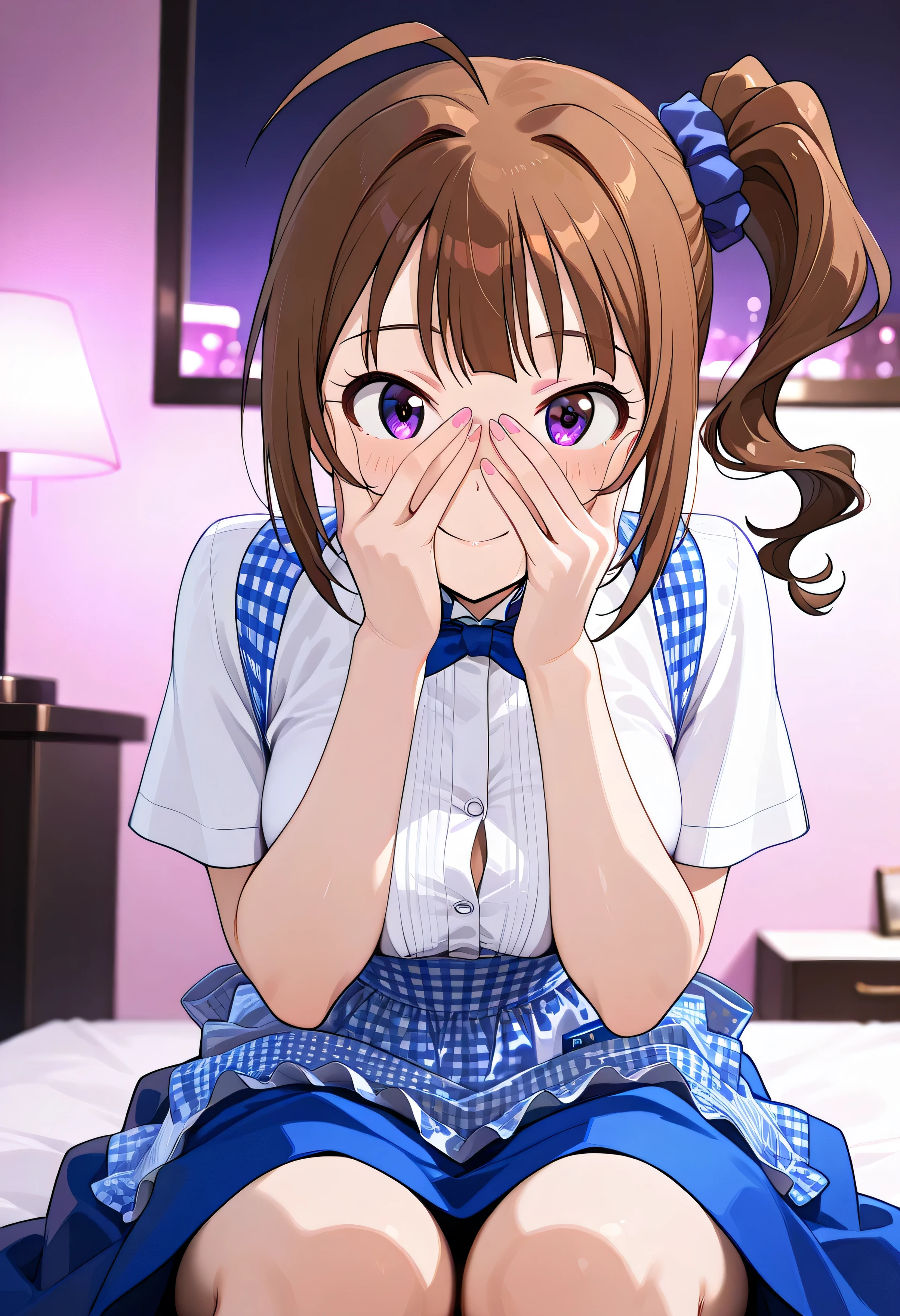 1girl ,Yokoyama Nao,The Idolmaster Million Live,hotel bed,kobeya uniform,blue bow, blue bowtie, white shirt, short sleeves, blue skirt, Blue apron, gingham apron, employee uniform, high-waist skirt,(beautiful girl:1.3),masterpiece,Please redeem,Ultra-high resolution,rich contrast,Very high quality,8k,Highly detailed CG unit wallpaper,Texture,So ridiculous,RAW Photos,Highest quality anime,anime-style illustration,studio anime style,professional photograph,an extremely delicate and beautiful,Depth of written boundary 1.2,Glowing Skin,Beautiful glossy lips,room illuminated by pink lights,(Her violet eyes are visible through the fingers of the hands covering her face:1.5),smile,blue scrunchie,covering eyes, purple eyes