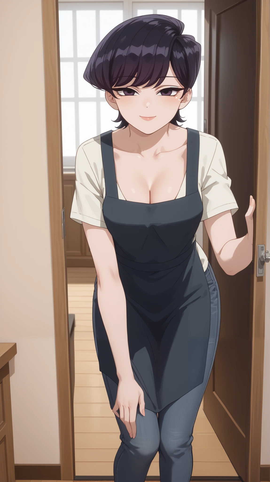 shuuko komi, short hair, black hair, black eyes, half-closed eyes ,shirt, white shirt, short sleeves, pants, apron, denim, jeans, blue apron, 1girl, beautiful, beautiful and perfect face, smile,e, looking at viewer, navel, cleavage, large ass, curvy body, POV, close shot, from the front, standing, full body, in home, open the door, leaning forward