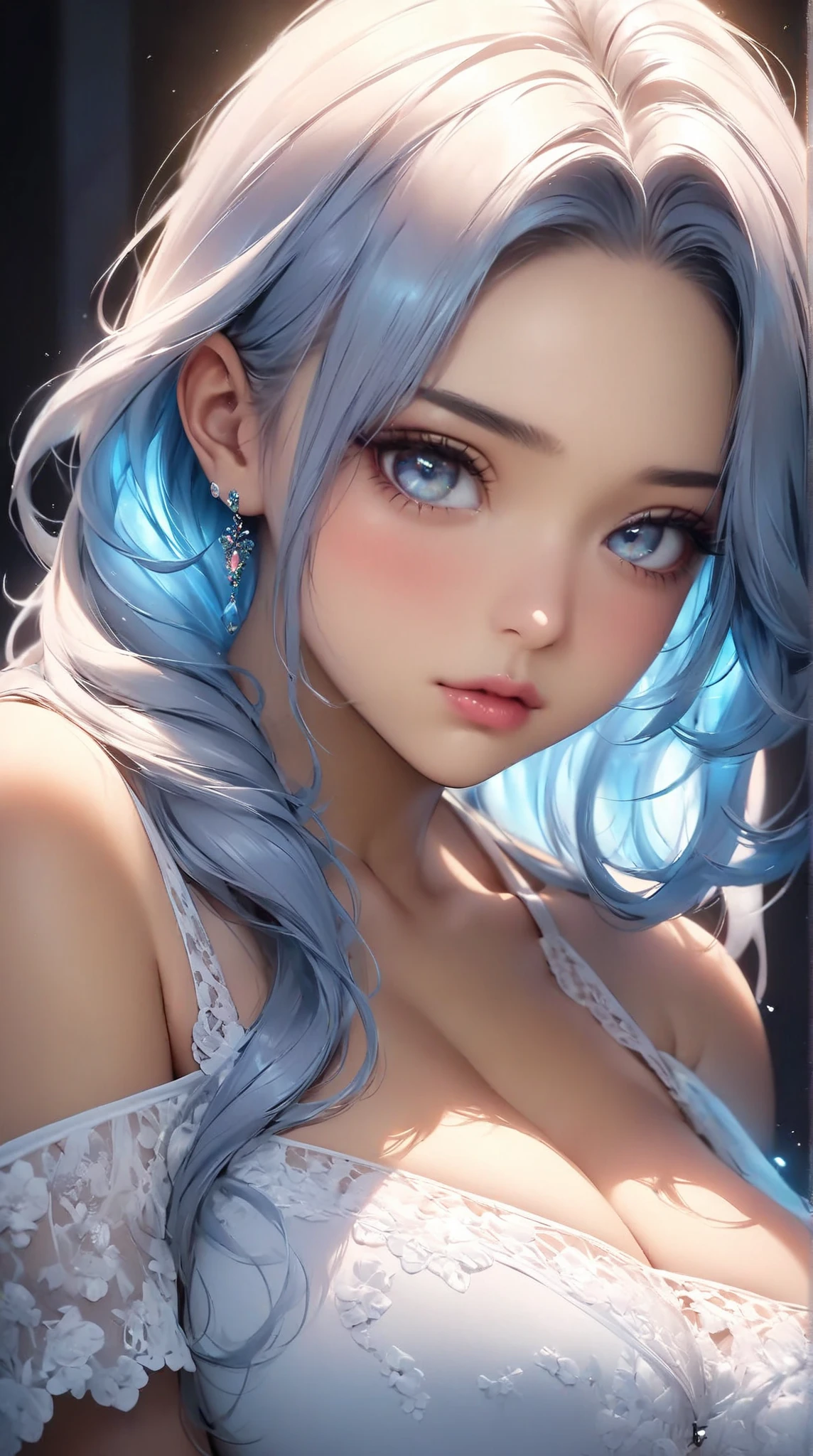 A realistic portrait of a solitary girl sitting indoors with long, multicolored hair streaked with blue and white, framing her face with bangs. She has captivating blue eyes and shiny, parted lips, wearing a choker and a necklace that accentuate her collarbone. Her medium breasts adorned with jewelry are slightly apart, and she exudes a sense of intimacy as she looks directly at the viewer. Her long hair cascades over her nude form, showcasing a series of distinctive moles on her breast, stomach, thigh, and under her eye. The girl's shiny skin glistens under the light, with her long fingernails adding to the allure as she engages in self-exploration, portraying a scene of female masturbation with elegance and realism.