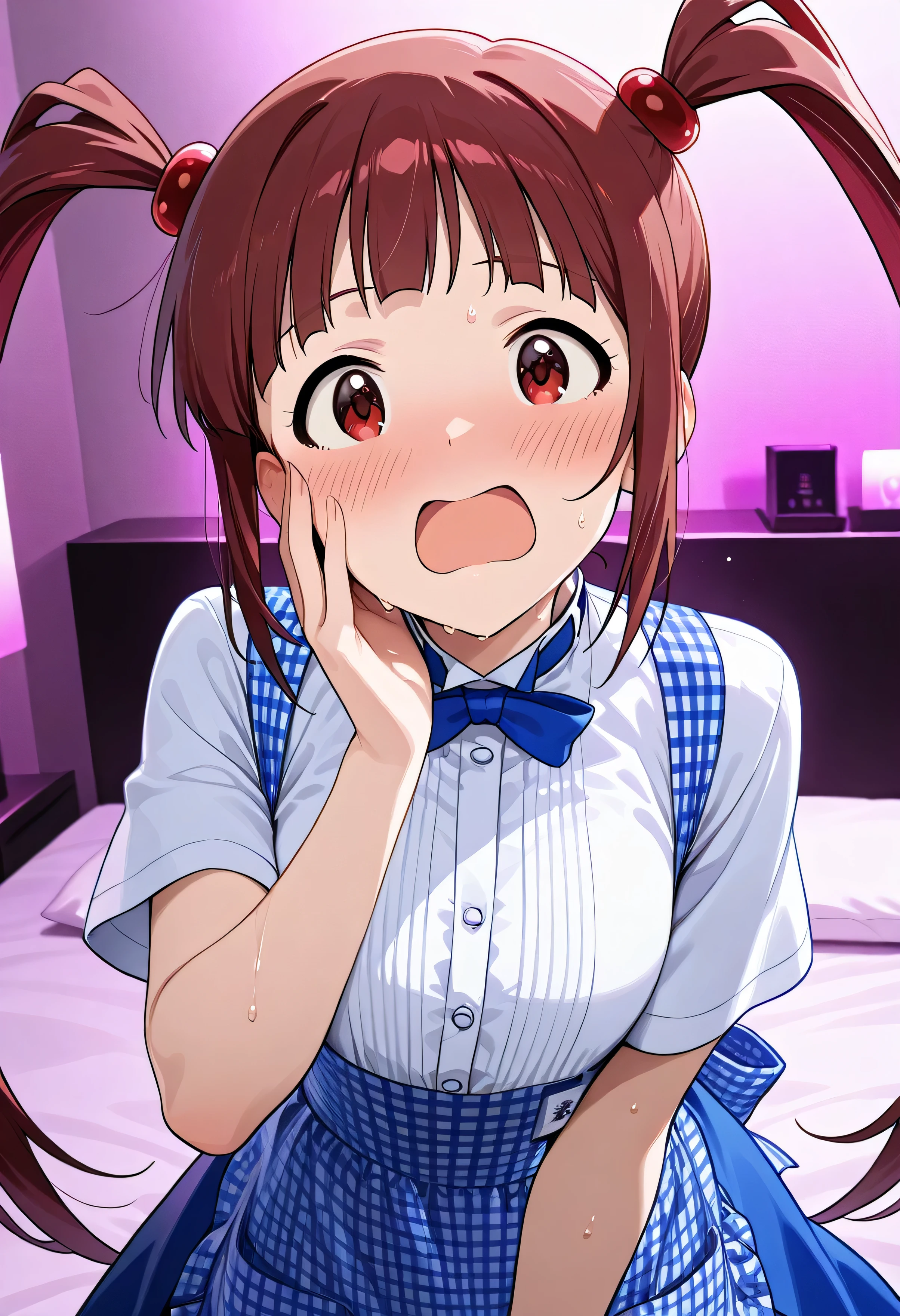 1girl ,matsuda arisa,The Idolmaster Million Live,(hotel bed),kobeya uniform,blue bow, blue bowtie, white shirt, short sleeves, blue skirt, Blue apron, gingham apron, employee uniform, high-waist skirt,(beautiful girl:1.3),masterpiece,Please redeem,Ultra-high resolution,rich contrast,Very high quality,8k,Highly detailed CG unit wallpaper,Texture,So ridiculous,RAW Photos,Highest quality anime,anime-style illustration,studio anime style,professional photograph,an extremely delicate and beautiful,Depth of written boundary 1.2,Glowing Skin,Beautiful glossy lips,room illuminated by pink lights,,(((sweat))),(((Surprised))),(((blush))),(((Scream with mouth wide open))),(extreme close-up:1.5),(I was kissed on the cheek:1.5)