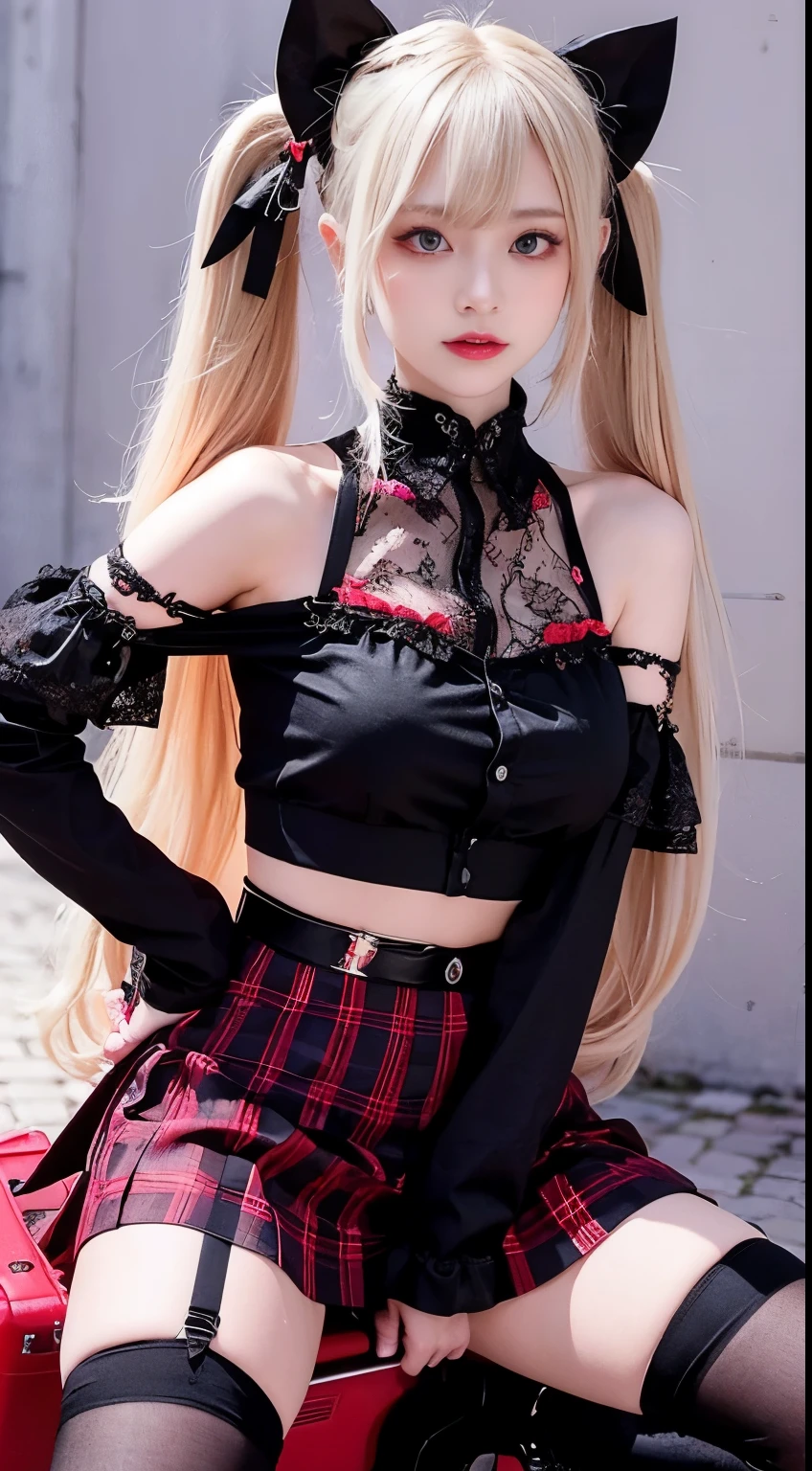 "A stylish anime girl with long, flowing blonde hair tied into twin tails with black ribbons. She wears a (black short-sleeve crop top with lace details), a (red and black plaid pleated skirt), and (thigh-high stockings with unique cut-out designs). Her (knee-high black boots with red accents and intricate straps) complement her edgy aesthetic. She carries a (black and red suitcase with floral patterns), and a fluffy white cat walks beside her. Her confident expression and striking outfit create a rebellious yet fashionable look."