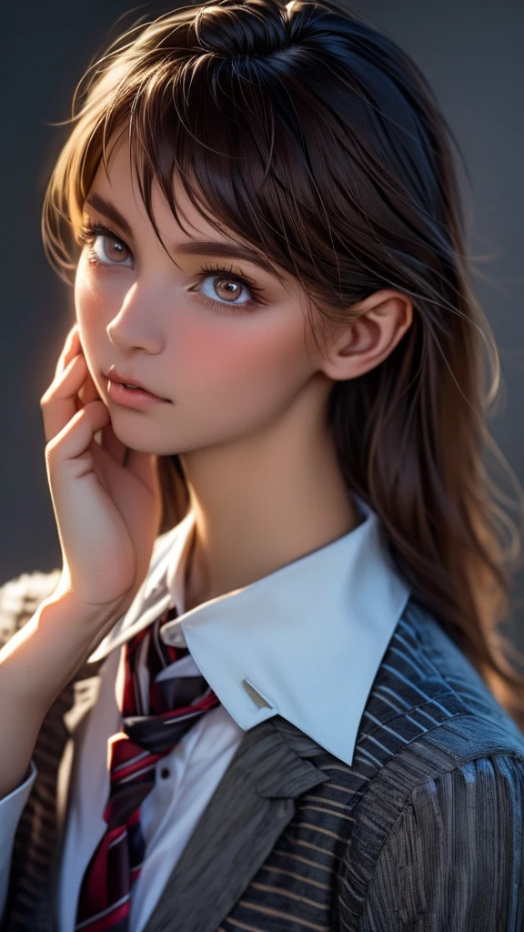 1girl, calm, closed mouth, collared shirt, brown hair, golden eyes, detailed face, intricate clothing, natural lighting, cinematic composition, warm color palette, delicate facial features, serene expression, detailed portrait, soft textures, (best quality,4k,8k,highres,masterpiece:1.2),ultra-detailed,(realistic,photorealistic,photo-realistic:1.37),cinematic lighting,dramatic atmosphere,elegant,beautiful