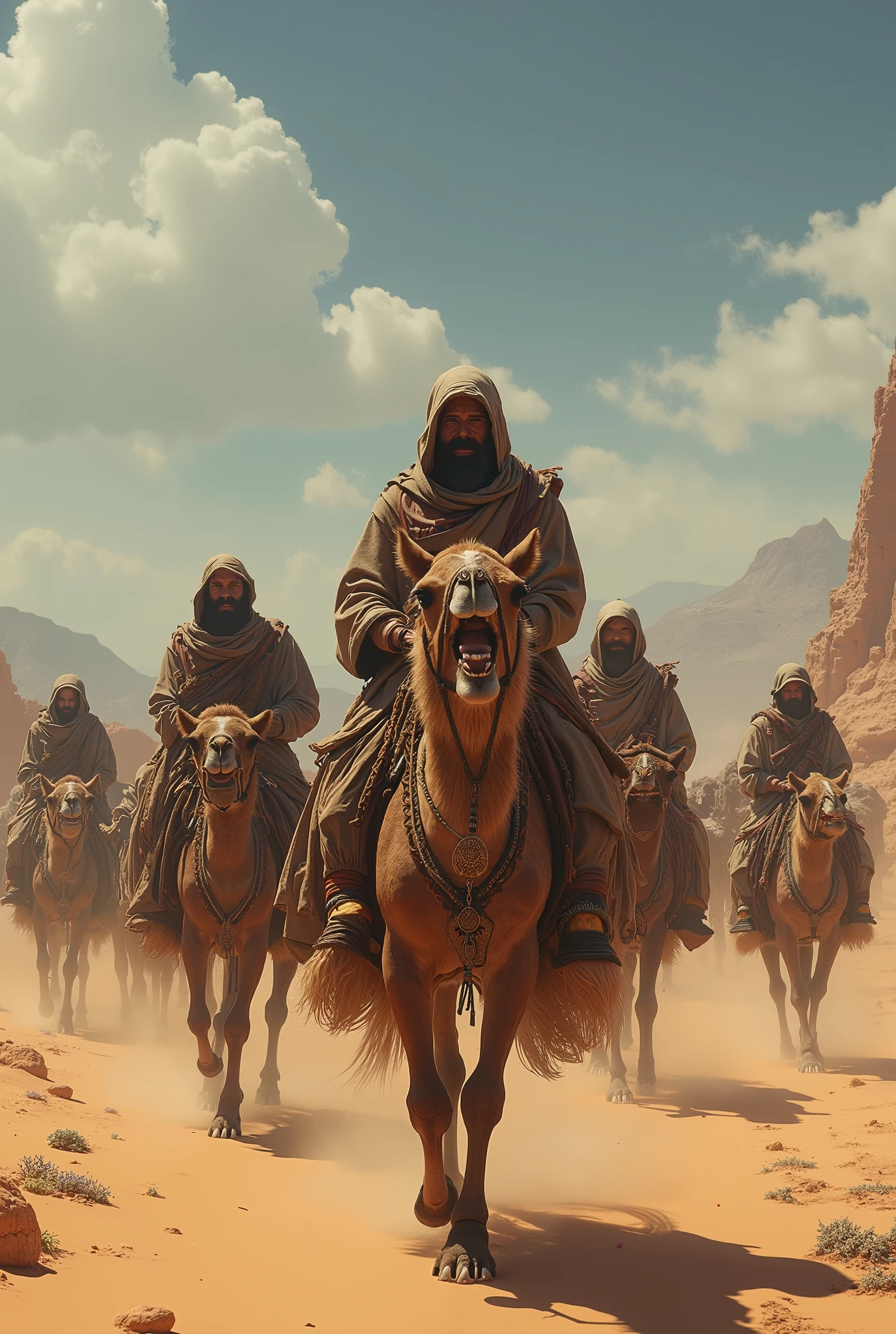 (RAW photo), (realistic), (photorealistic), Ultra High Resolution, masterpiece, Best Quality, perfect lighting for the background, detailed lighting, dramatic shadow , Ray Tracing, (( desertの隊商:1.2)), ((wilderness)), ((( desert))), (((Horde))),