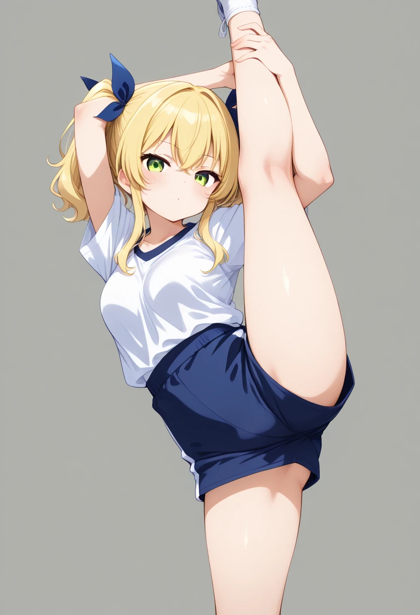 masterpiece, Navy school swimsuit, Blonde twin tails, Sunburned skin,Standing Split, Lift your legs,Leg lift,Standing on one leg,close your eyes, Tears in the eyes、Open your mouth, What saliva leaves behind, Wet skirt hem, Sticky panties, Bulging of the vibrator cord, Vibrator with Garters