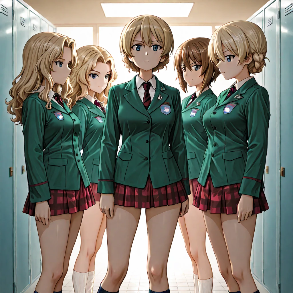blonde girl, yellow hair, long hair, blue eyes, 1girl, masterpiece, best quality, extremely detailed 8K wallpaper, skin tight, ultra detailed, volumetric lighting, light, best anatomy, detailed eyes, beautiful eyes, best shadow, ultra detailed, plated skirt, white panties, legs, pantyshot, green skirt, retro artstyle, 1990s (style), from below, white panty, underwear, high quality, 1girl, delmo, delmo uniform, pleated skirt, short skirt, stockings, garter belt, tears