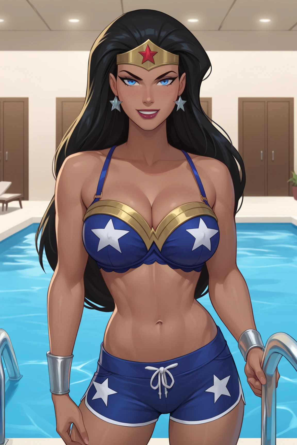 muscular, large breasts, toned body, 1 girl, black hair, pale skin, blue eyes, very long hair (at the beach) looking at viewer close up wonderwoman bathing suit, pinup poses