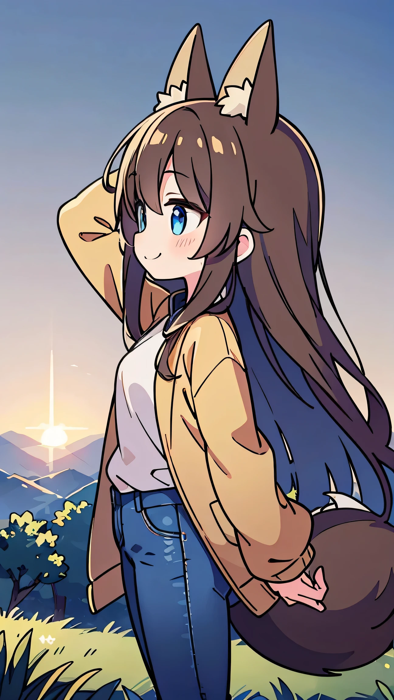 anime style、 cute face、 woman、 fox ears、Tail、brown hair、 blue eyes、 long hair、 beige jacket 、jeans、smile、Looking out into the distance、profile in landscape orientation from、I'm raising one arm up