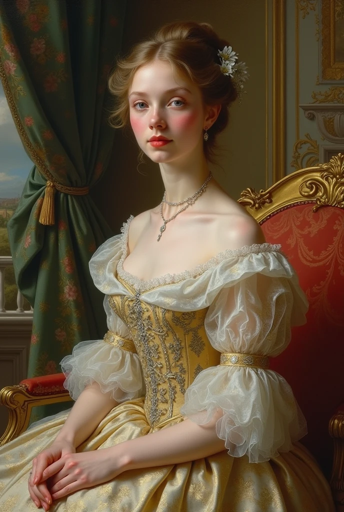 (high resolution,masterpiece:1.2),(Practical:1.37)"(best quality, high resolution, Very detailed, Practical),Beautiful portrait of a 19th century French ballerina, (She is half Scottish，Half Japanese., She is a beautiful woman，Golden eyes and long nose.:1.1), Exquisite ballet costumes, Detailed facial features, Slender and graceful neck, Golden necklace, Flowing blond hair, Calm and elegant posture, Soft and delicate lighting, Classical oil painting material, Vibrant colors, Exquisite golden pattern background", Dreamy atmosphere, Surrealism,Mysterious atmosphere