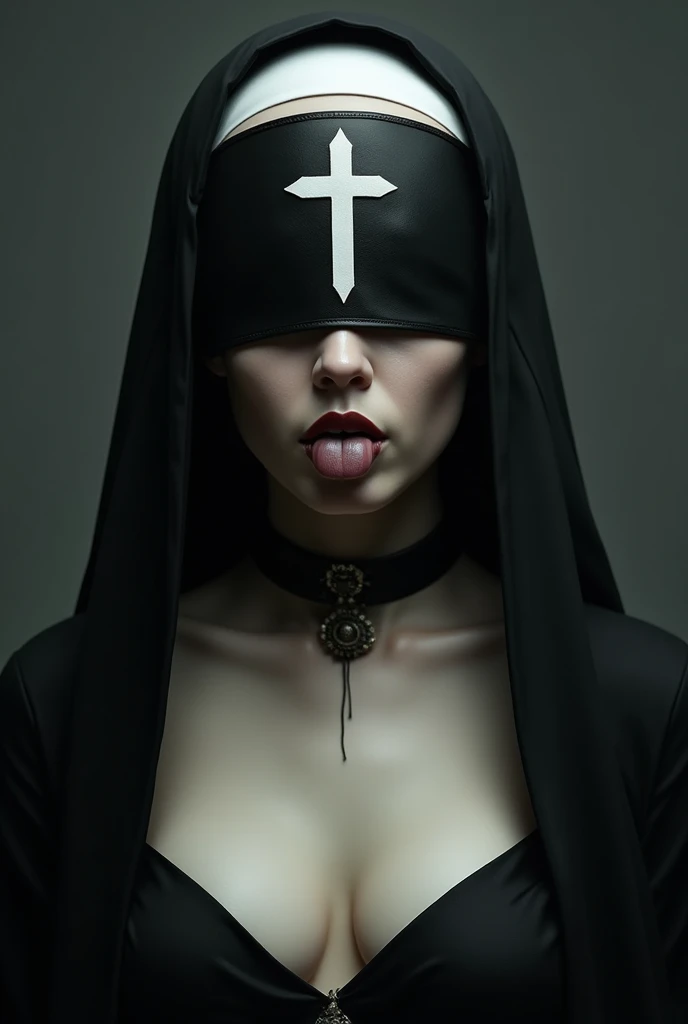 Close-up, a beautiful girl, latex nun's clothes, cleavage, short black hair, big breasts, lipstick, deus ex aesthetics, in a room teeming with neon signs, tied with ropes, blindfolded. deep color, intricate, 8k resolution concept art, natural lighting, beautiful composition, sharp focus, studio photo, intricate details, highly detailed, depth of field, sharp focus, high detail, realistic skin texture, realistic, photorealistic, digital art, matte painting, masterpiece, best quality, (masterpiece), (best quality: 1.4), (ultra highres: 1.2), (hyper-realistic: 1.4), (photorealistic: 1.2)