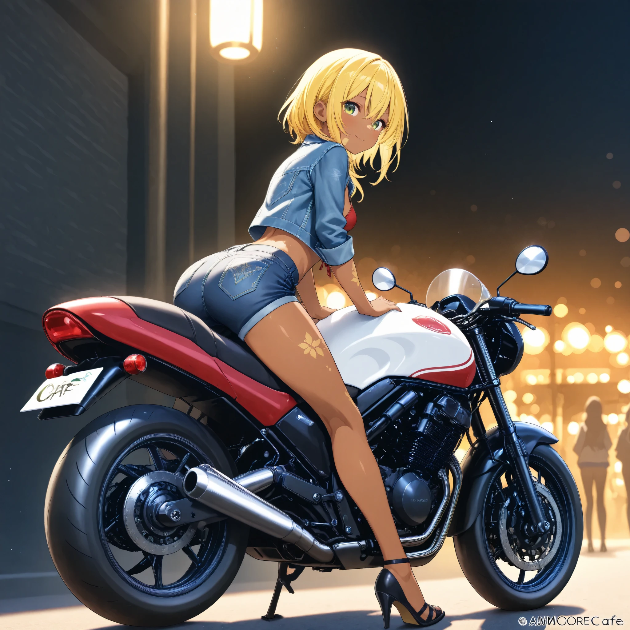 A high school girl is riding a motorcycle Motorcycles tuned to Cafe Racer specifications , brown skin , small breasts, video, yellow hair , Denim jacket、short jeans, Top Quality, textured skin, Read more 、 high heels、 MOVIE LIGHT EFFECT,