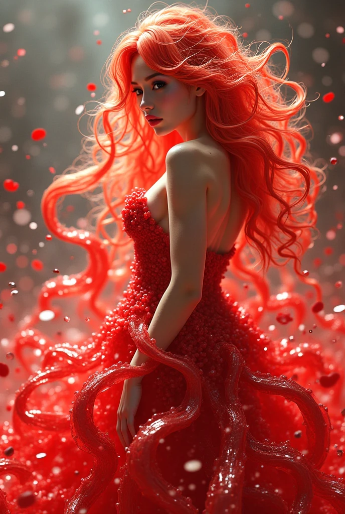 red-haired woman,inside a red sea at the bottom