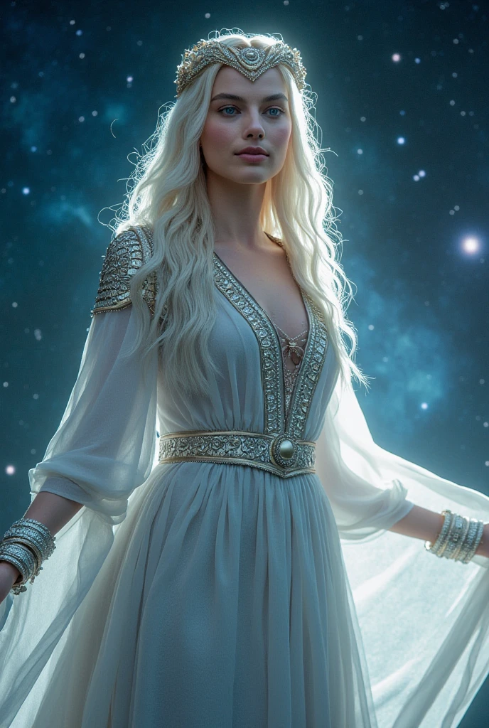 "Awakening: A celestial, saintly woman with albino white hair and blue eyes adorned in a flowing white cloak. The ethereal beauty of her presence is magnified against the backdrop of a vast expanse of blue outer space in stunning 8K resolution."