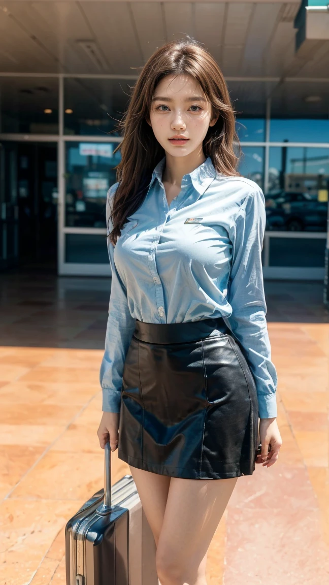 (8k), (highest quality: 1.2), (Realistic), (Realistic: 1.37), Ultra-high resolution, 1 girl, cute, Shiny skin,Blushing,smile, Mouth closed, Beautiful details, Beautiful Nose, whole body, Wet Hair, Giant Dulcefo, pork,Navel exposed,University Student Uniform,A simple blazer,Pleated skirt,Sit on a chair, shiny pantyhose 