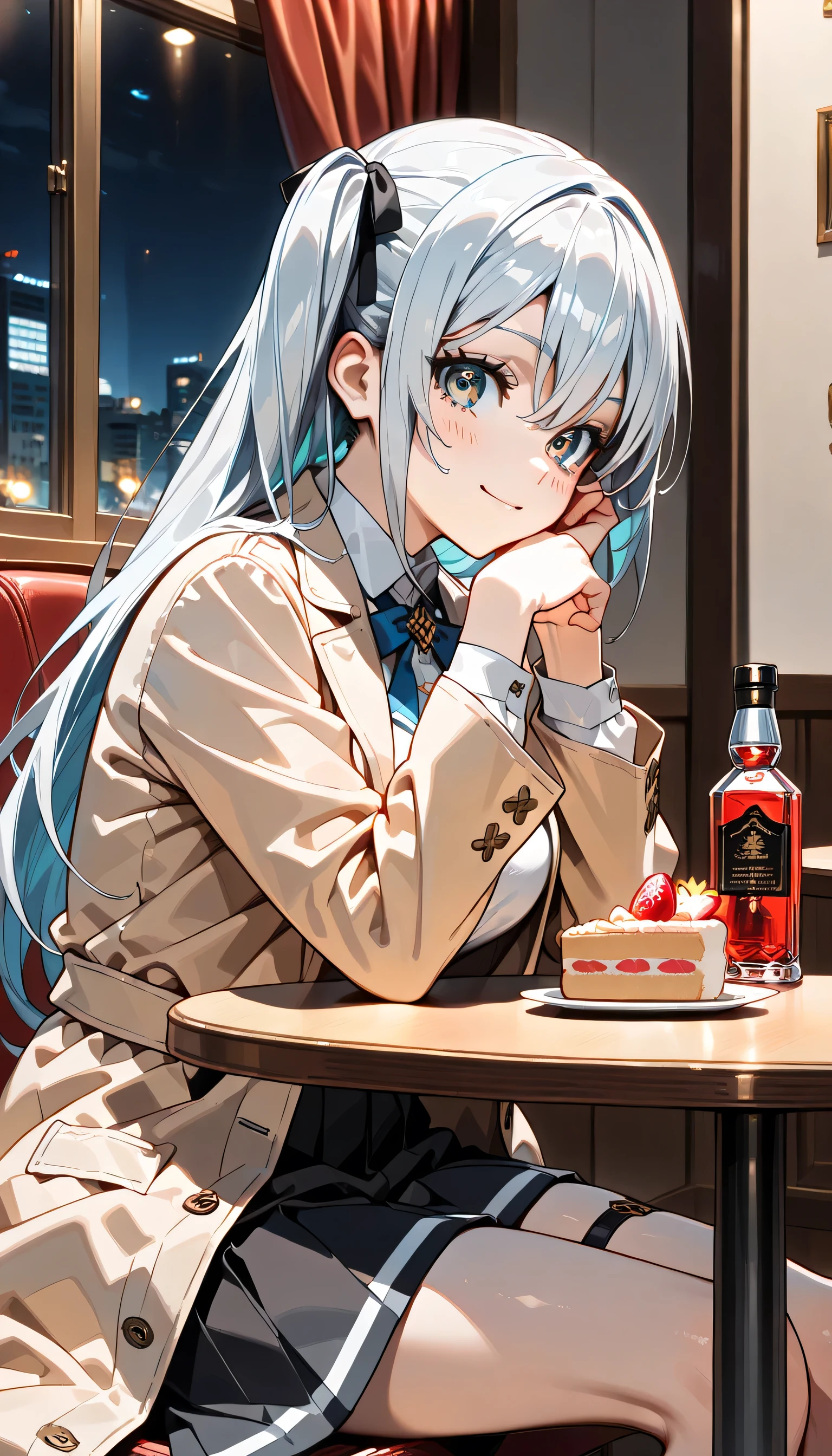 ((ultra-detailed)), (highly detailed CG illustration), (best quality:1.2), ultra-highly detailed, colorful composition, artistic photoshoot, 1girl, solo focus, ((thigh to top:1.4)), ((cowboy shot:1.4)), moe anime character, super popular super idol, age girl, dainty facial structure, (baby face), (round face), ((rounded chin:1.2)), ((ideal ratio body proportions)), celia-default, celia claire, blue eyes, sparkle eyes, ((closed eyes)), ((silver hair color)), ((two side up)), ample breast, ((teardrop sunglasses with light brown lens color:1.4)), ((camel coat)), pale white turtleneck sweater, light blue high-waist long skirt, ((delicious:1.4)), ((smile:1.4)), ((happy:1.4)), ((joyful:1.4)), puffy cheeks as eating, ((sit on the cafe terrace:1.4)), ((eating using a fork Strawberry shortcake:1.4)), ((holds a fork in right hand:1.4)), ((glass of whiskey on the table:1.4)), ((A bottle of whiskey is on the table:1.4)), ((night)), from side, best quality, masterpiece, expecting, pink cheek, blush, light pink gloss slip, portrait, depth of field, poured sunlight, sidelighting, (shine), lighting, caustics, ray tracing, perfect face, lustrous skin, highly detailed face, highly detailed eyes, perfect face, perfect nose, perfect hair, perfect eyes, perfect anatomy, beautiful hair, beautiful small face, extremely detailed face, beautiful detailed eyes, beautiful clavicle, beautiful body, beautiful huge breasts, leavage, breasts squeezed together, equalize the size of the left and right breasts, beautiful thin thighs, beautiful legs, beautiful fingers, 4 fingers, 1 thumb, lovely, (very detailed background:1.0), (highly detailed background:1.0), intricate details, bar at night atmosphere, Inside the bar store colors palette, chromatic aberration