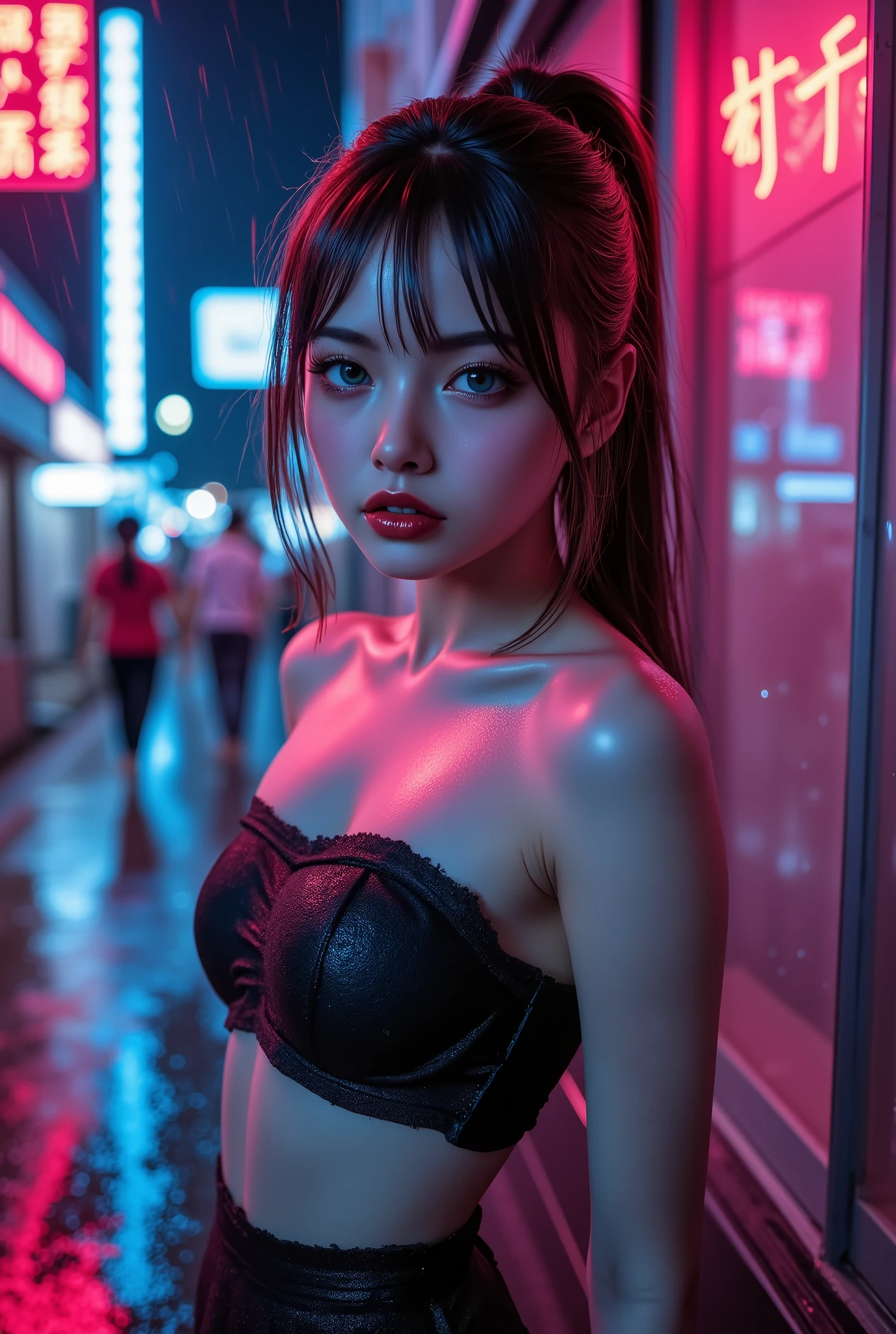  [Style: "masterpiece, realistic (Photorealistic realism), Hyper high resolution, (ultra quality, intricately detailed digital art), focus on extremely Realistic Proportion Body"] (Key Directive: "Prioritize anatomical accuracy and material textures") "Portrait of {a woman with, wearing a dress, standing in a garden | ultra realistic texture details: velvety skin, hair}" {Character: "20-year-old white woman, ((full and firm breas:1.22))" | Face: "symmetrical, pale skin, full lips" | Eyes: "((sharp focus, no blurry eyes, Hyper absurd quality, Hyper details, Hyper realistic blue eyes:1.2))" - "((extra narrow eyebrows))" - "(Carefully draw Long blue_mascara:1.2)" - "(perfect round eyes)" | Makeup: "detailed lips:1.3, (apply glossy red_lipstick:1.25)" | Hair: "white with pigtails, (red bangs), (setting light reflections: 0.5)" | Pose: "dynamic side position" | Outfit: [Top: - "Tube (Simple Tube, black), Black:1.25)"] [Bottom: "Tube Skirt (black, tight)"] | Environment: "Tokyo backstreet at night (rain-slick asphalt, neon signage in Japanese)" | Lighting: - "Cinematic neon wash (pink/cyan dominance)" - "(aim into the distance and shoot)'' (Rendering engine: "Unreal Engine 5 path tracing, 16K texture maps"). The ultra-Highres,Unreal 5,Subsurface scattering,PBR Texturing,Post-Processing,Anisotropic Filtering,depth of fields,Maximum Sharpness and Sharpness,multi-layered texture,Albedo and Specular maps,Surface Shading,Precise simulation of light-material interactions,perfectly proportions,Octane rendering,Two-tone illumination,Wide Aperture, low ISO, white balance, The rule of thirds }