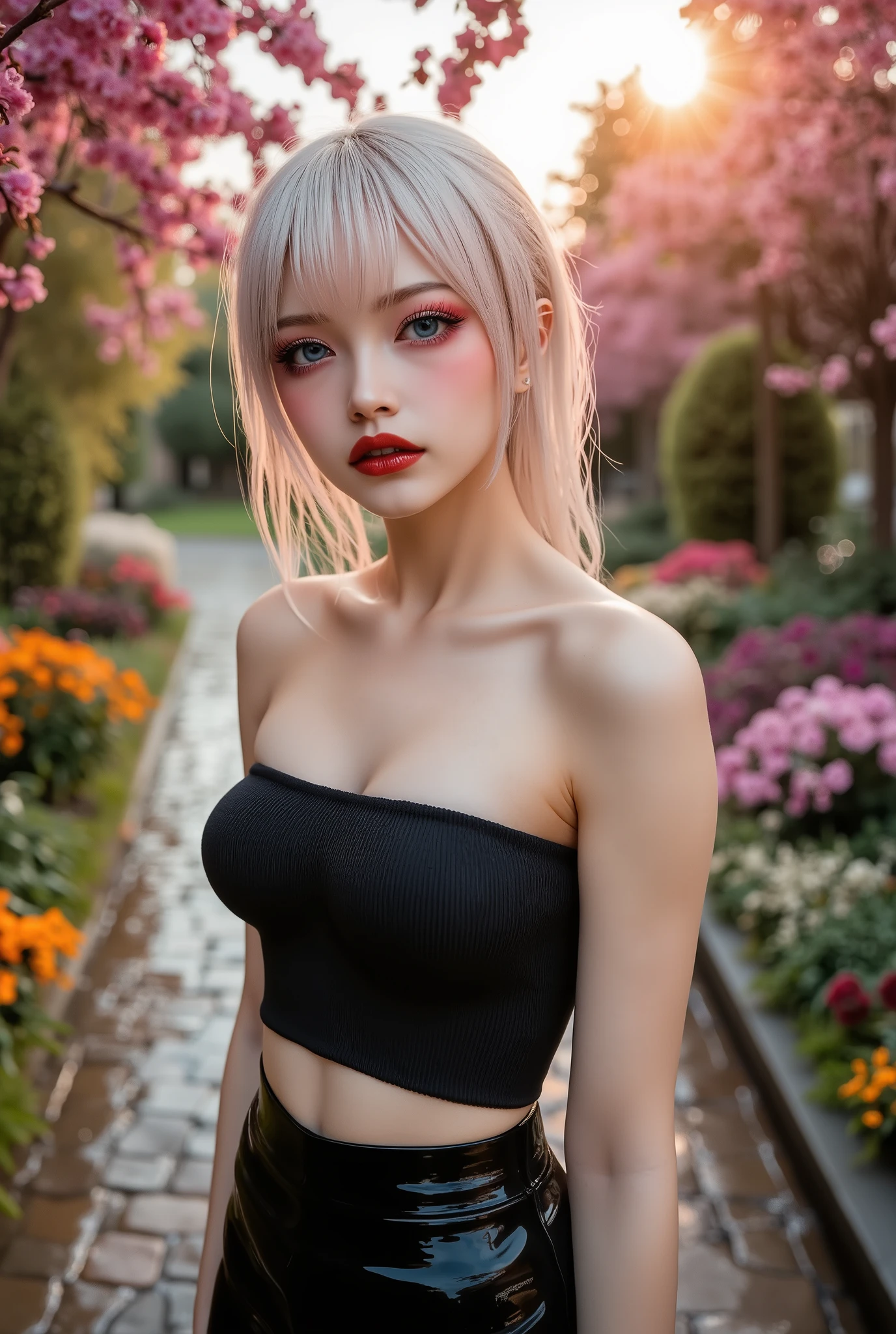  [Style: "masterpiece, realistic (Photorealistic realism), Hyper high resolution, (ultra quality, intricately detailed digital art), focus on extremely Realistic Proportion Body"] (Key Directive: "Prioritize anatomical accuracy and material textures") "Portrait of {a woman with, wearing a dress, standing in a garden | ultra realistic texture details: velvety skin, hair}" {Character: "20-year-old white woman, ((full and firm breas:1.22))" | Face: "symmetrical, pale skin, full lips" | Eyes: "((sharp focus, no blurry eyes, Hyper absurd quality, Hyper details, Hyper realistic blue eyes:1.2))" - "((extra narrow eyebrows))" - "(Carefully draw Long blue_mascara:1.2)" - "(perfect round eyes)" | Makeup: "detailed lips:1.3, (apply glossy red_lipstick:1.25)" | Hair: "white with pigtails, (red bangs), (setting light reflections: 0.5)" | Pose: "dynamic side position" | Outfit: [Top: - "Tube (Simple Tube, black), Black:1.25)"] [Bottom: "Tube Skirt (black, tight)"] | Environment: "garden street at sunset (((rain-slick cobblestones), colorful flowers, cherry blossoms))" | (Post-production: "chromatic aberration: 0.7") (Rendering engine: "Unreal Engine 5 path tracing, 16K texture maps"). The ultra-Highres,Unreal 5,Subsurface scattering,PBR Texturing,Post-Processing,Anisotropic Filtering,depth of fields,Maximum Sharpness and Sharpness,multi-layered texture,Albedo and Specular maps,Surface Shading,Precise simulation of light-material interactions,perfectly proportions,Octane rendering,Two-tone illumination,Wide Aperture, low ISO, white balance, The rule of thirds }