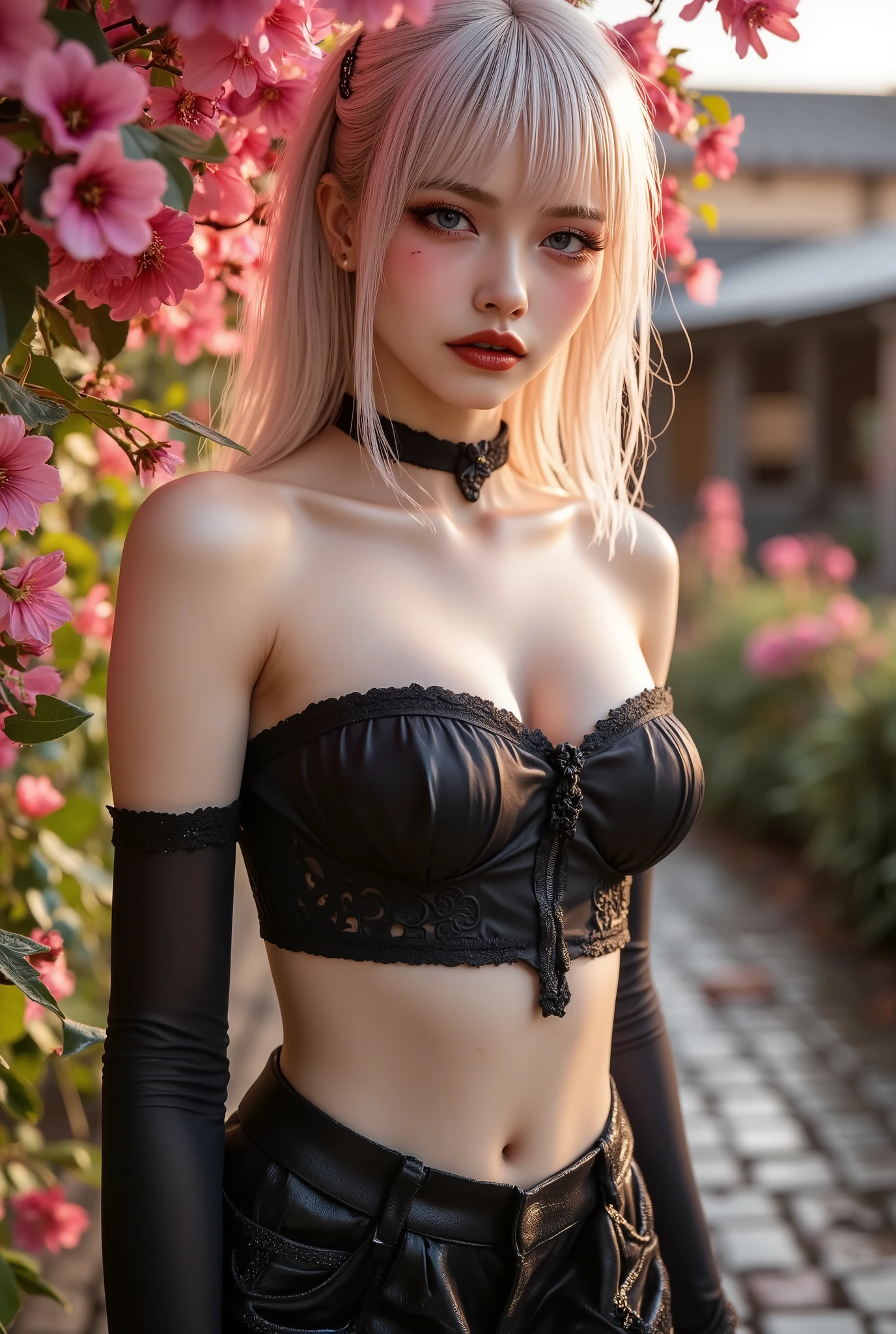  [Style: "masterpiece, realistic (Photorealistic realism), Hyper high resolution, (ultra quality, intricately detailed digital art), focus on extremely Realistic Proportion Body"] (Key Directive: "Prioritize anatomical accuracy and material textures") "Portrait of {a woman with, wearing a dress, standing in a garden | ultra realistic texture details: velvety skin, hair}" {Character: "20-year-old white woman, ((full and firm breas:1.22))" | Face: "symmetrical, pale skin, full lips" | Eyes: "((sharp focus, no blurry eyes, Hyper absurd quality, Hyper details, Hyper realistic blue eyes:1.2))" - "((extra narrow eyebrows))" - "(Carefully draw Long blue_mascara:1.2)" - "(perfect round eyes)" | Makeup: "detailed lips:1.3, (apply glossy red_lipstick:1.25)" | Hair: "white with pigtails, (red bangs), (setting light reflections: 0.5)" | Pose: "dynamic side position" | Outfit: [Top: - "Tube (Simple Tube, black), Black:1.25)"] [Bottom: "Tube Skirt (black, tight)"] | Environment: "garden street at sunset (((rain-slick cobblestones), colorful flowers, cherry blossoms))" | (Post-production: "chromatic aberration: 0.7") (Rendering engine: "Unreal Engine 5 path tracing, 16K texture maps"). The ultra-Highres,Unreal 5,Subsurface scattering,PBR Texturing,Post-Processing,Anisotropic Filtering,depth of fields,Maximum Sharpness and Sharpness,multi-layered texture,Albedo and Specular maps,Surface Shading,Precise simulation of light-material interactions,perfectly proportions,Octane rendering,Two-tone illumination,Wide Aperture, low ISO, white balance, The rule of thirds }