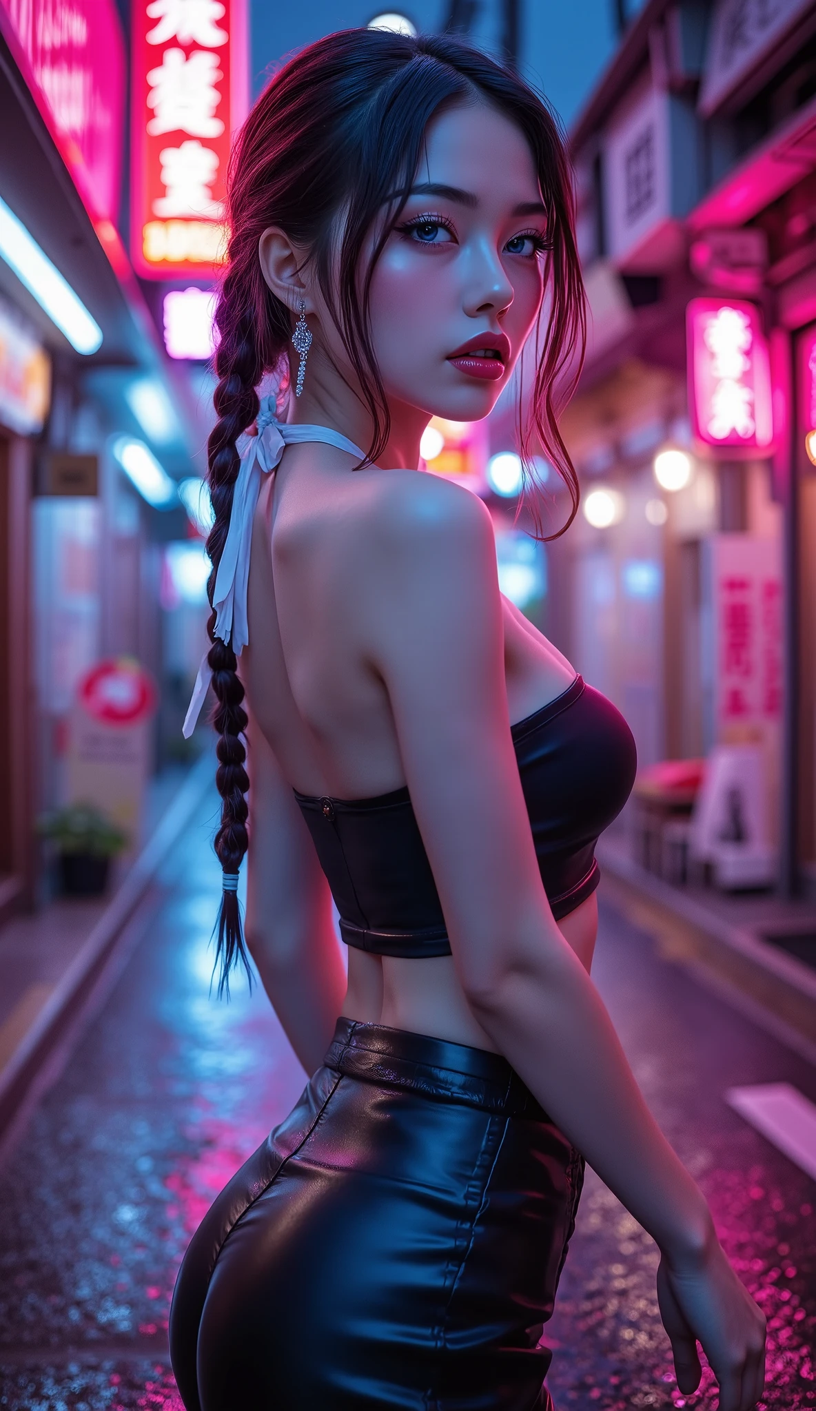  [Style: "masterpiece, realistic (Photorealistic realism), Hyper high resolution, (ultra quality, intricately detailed digital art), focus on extremely Realistic Proportion Body"] (Key Directive: "Prioritize anatomical accuracy and material textures") "Portrait of {a woman with, wearing a dress, standing in a garden | ultra realistic texture details: velvety skin, hair}" {Character: "20-year-old white woman, ((full and firm breas:1.3)), ((small butt))" | Face: "symmetrical, pale skin, full lips" | Eyes: "((sharp focus, no blurry eyes, Hyper absurd quality, Hyper details, Hyper realistic blue eyes:1.2))" - "((extra narrow eyebrows))" - "(Carefully draw Long blue_mascara:1.2)" - "(perfect round eyes)" | Makeup: "detailed lips:1.3, (apply glossy red_lipstick:1.25)" | Hair: "black with braids, (white ribbon)" | Pose: "dynamic side position" | Outfit: [Top: - "Tube (Simple Tube, black), Black:1.25)"] [Bottom: "Tube Skirt (black, tight)"] | Environment: "Tokyo backstreet at night (rain-slick asphalt, neon signage in Japanese)" | Lighting: - "Cinematic neon wash (pink/cyan dominance)" - "(aim into the distance and shoot)'' (Rendering engine: "Unreal Engine 5 path tracing, 16K texture maps"). The ultra-Highres,Unreal 5,Subsurface scattering,PBR Texturing,Post-Processing,Anisotropic Filtering,depth of fields,Maximum Sharpness and Sharpness,multi-layered texture,Albedo and Specular maps,Surface Shading,Precise simulation of light-material interactions,perfectly proportions,Octane rendering,Two-tone illumination,Wide Aperture, low ISO, white balance, The rule of thirds }