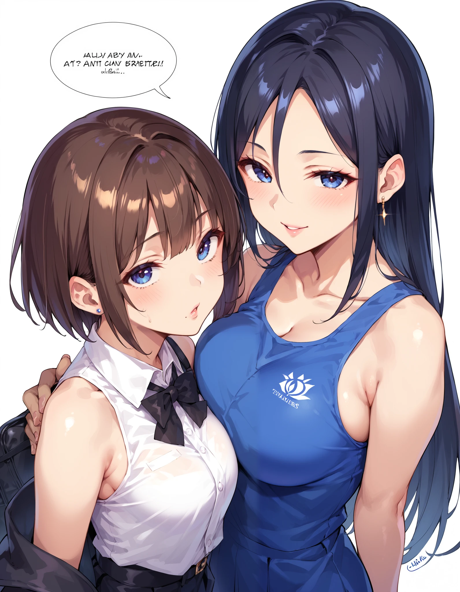 2girls, tiny girl, young girl, mesugaki, mesugaki smile, tidy, yoing lady, long hair, Black hair, short cut, school swim suit, color, small breasts, big ass, thick thighs, Teasing, naughty looks, heart eyes, Lower arm, Focus on the girl, glossly skin, oily skin, Gravure, pinup, junior idols, image video, fellatio gestures, tongue sticking out, Drooling, milk, Close up of face, bust up, Masterpiece:2, Top Quality, high Quality, Very Detailed, ultra  High Resolution, super High Resolution, Beautiful Detail, Dynamic angles, perfect lighting, 8k, Animation Style, cartoon style, game cg, 