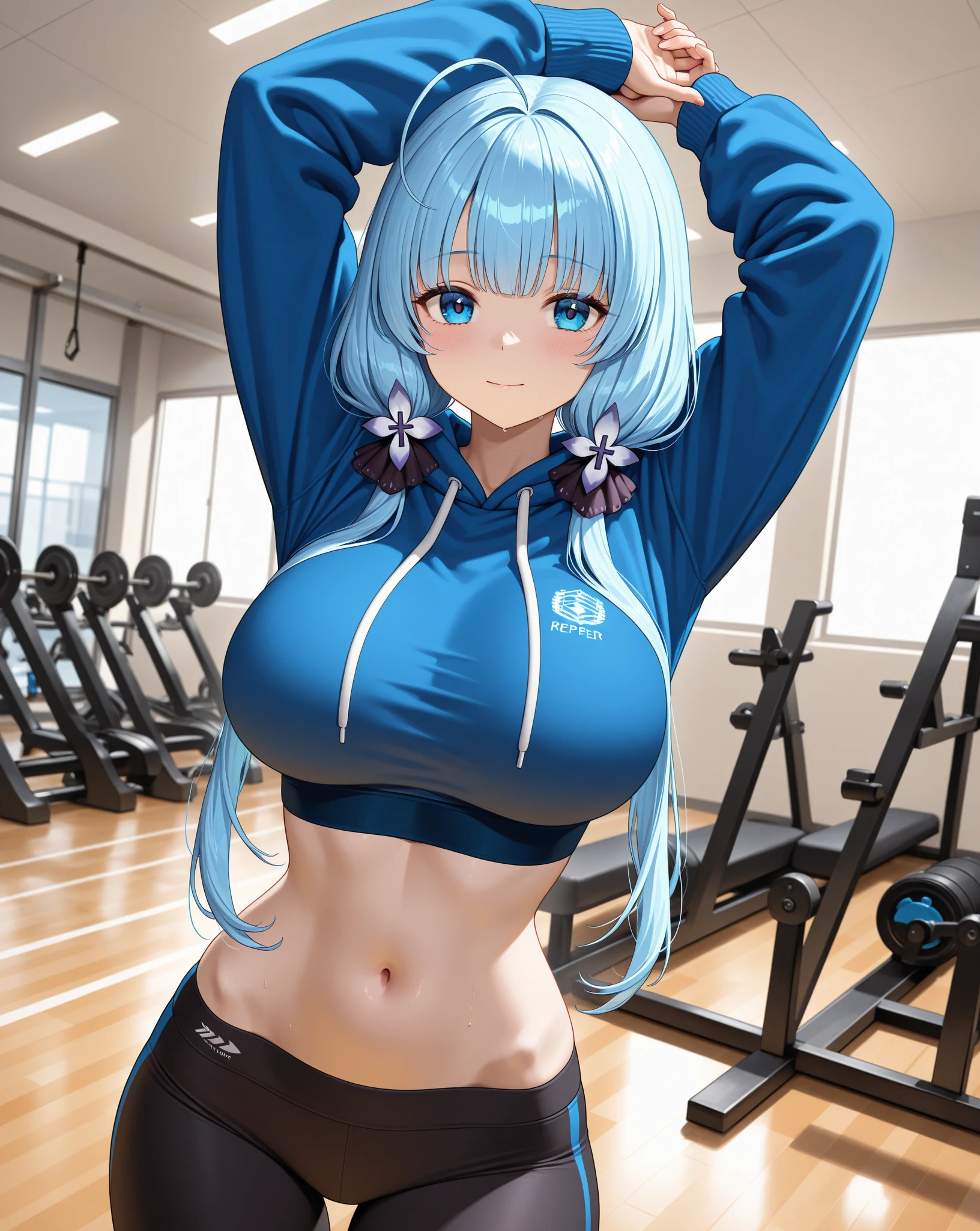 My name is Yukiko.I am a white test woman with long light blue hair,red eye color.I am 1.62 cm tall . My breasts measure 200 cm, my waist 40 cm and my hips 200 cm. Dressed in a black and pink sports bra, along with a short pink panties and her hair tied in a ponytail with a bang. With big breasts 200 cm