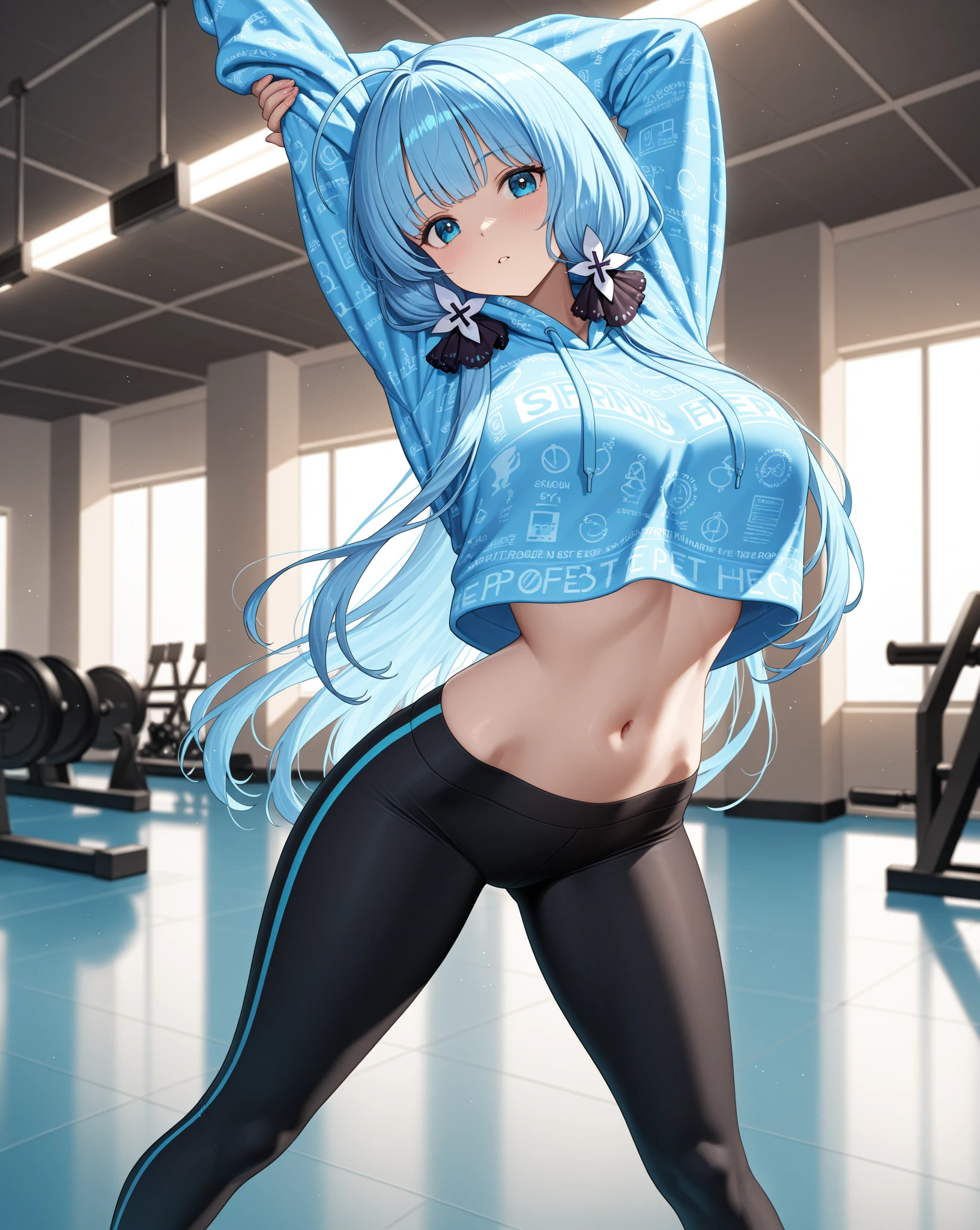 masterpiece, best quality, hd, perfect anatomy, 1girl, solo, KoboBase, white tight sport bra, tight pants, medium big breasts, embarrassing, blushing