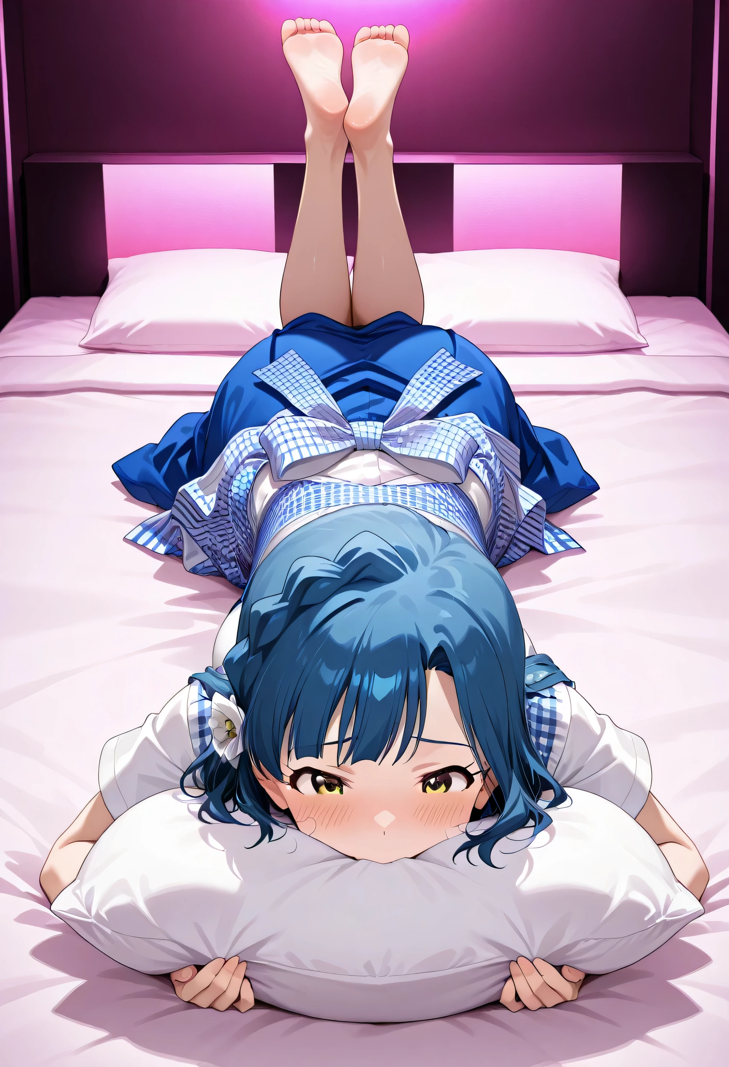 1girl ,nanao yuriko,Idolmaster Million Live,hotel bed,kobeya uniform,(beautiful girl:1.3),masterpiece,Please redeem,Ultra-high resolution,rich contrast,Very high quality,8k,Highly detailed CG unit wallpaper,Texture,So ridiculous,RAW Photos,anime-style illustration,studio anime style,professional photograph,an extremely delicate and beautiful,Depth of written boundary 1.2,Glowing Skin,Beautiful glossy lips,(pink lighted room),(I'm burying my face in a pillow and moving my legs up and down:1.5),big breasts,(Rear View:1.5),(((blush)))