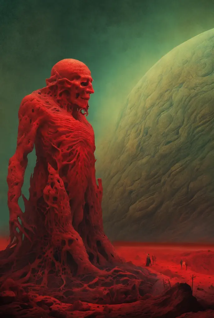 mythology creatures, skull, by zdzislaw beksinski and van gogh, album cover art, rome, surrealism, futuristic ,satan, t-rex, coral, wizard, abstract, dark, red, hell, landscape, wallpaper