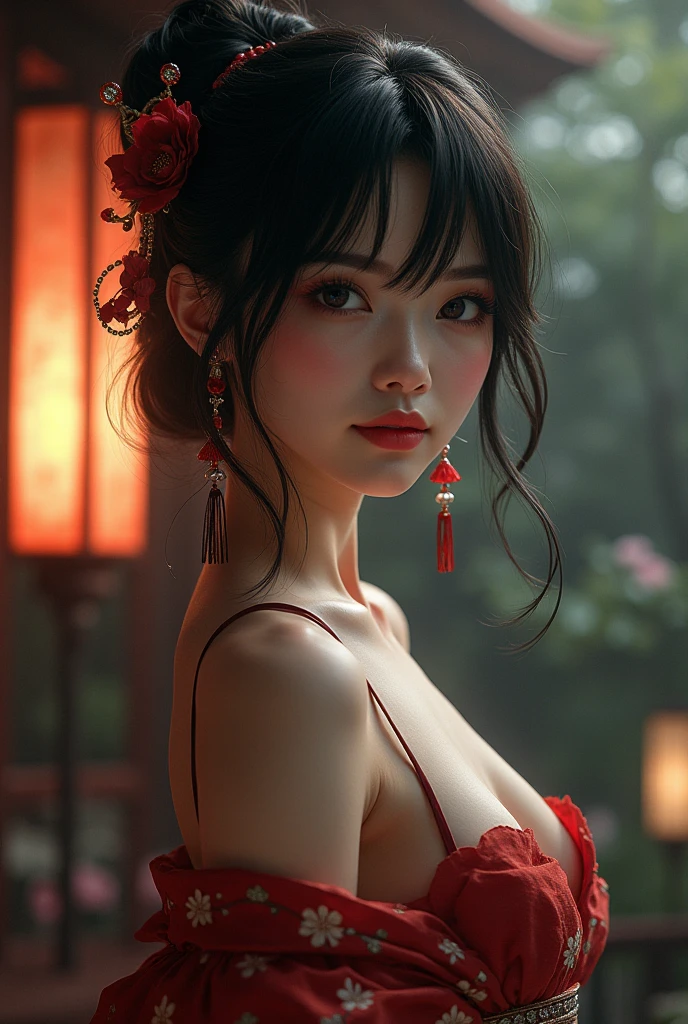 Create an image of a beautiful woman wearing a sexy Japanese princess outfit., The see-through fabric is so thin that the wearer&#39;s nipples and skin can be seen., She can spread her legs wide to show off her genitals., She has a slim face., sharp eyes, long hair, responsive face, high nose, and thin lips, Her breasts are 32 inches long with pink nipples., Her waist is 24 inches., Her hips are 33 inches., Her skin was bright and white., She has light brown hair., And her figure was slim and slightly muscular..
