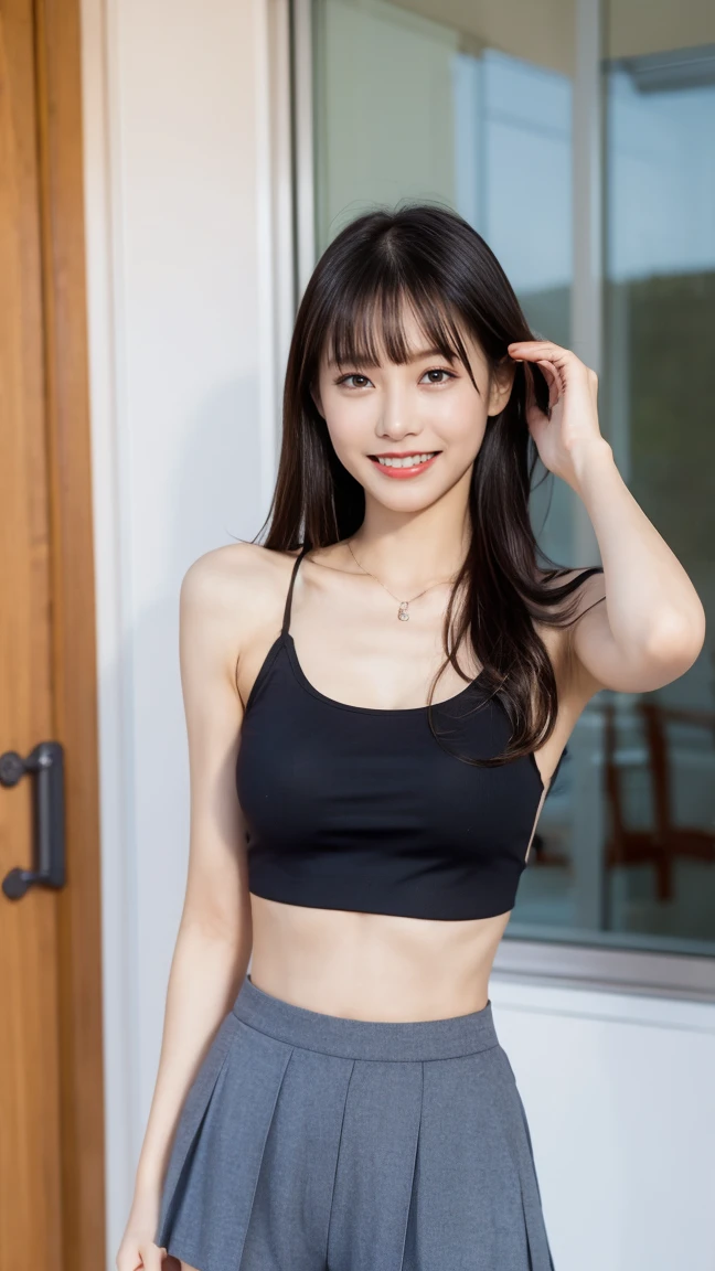 (masterpiece:1.3), (8k, Realistic, RAW Photos, Best image quality: 1.4), (Random Hairstyles:1.2)、(Highly detailed face)、Attention to detail、double eyelid、(Dark Eyes),(Sharp focus:1.2)、((whole body:1.5)),One Woman、Beautiful woman:1. 4,20-year-old woman、smile,Woman with a perfect body,Beautiful Abs,Chest-length hair、Highest quality、masterpiece、Ultra-high resolution、(Realistic:1.4)、super high quality、Symmetrical face、The face is very realistic、Photo level、8k最高画質はフル、Sebaceous reflex、The face is very realistic、Extremely realistic skin、Realistic light and shadow effects、(Pure and elegant girl),Professional Lighting、Swayback,Beautiful thighs,Sexy pose,back,Sheer satin camisole,see-through camisole,