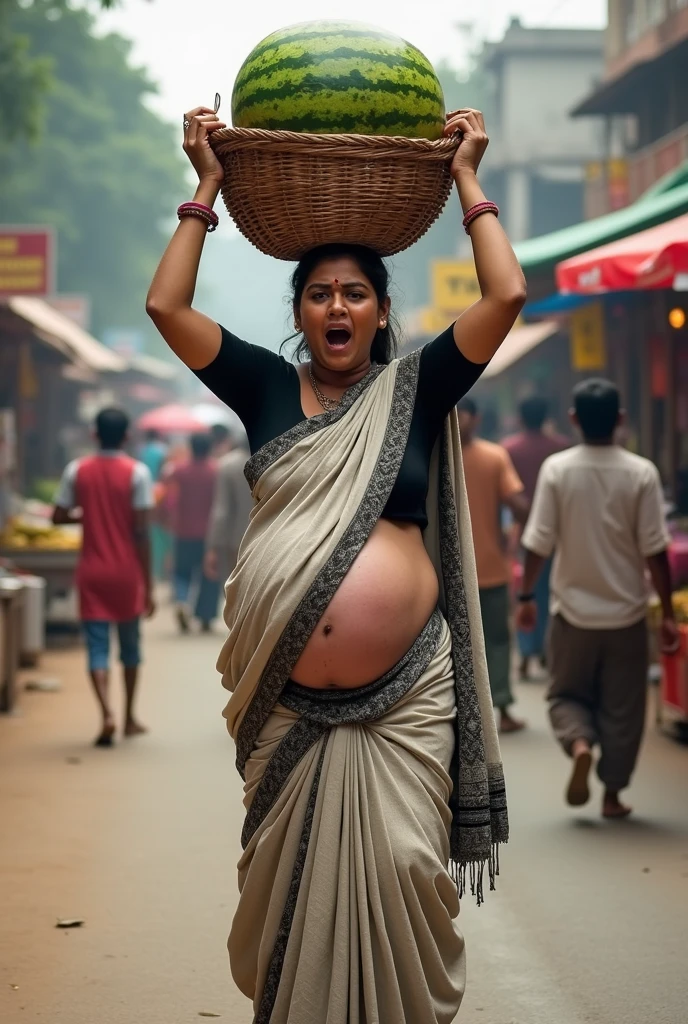 a pregnant women in saree, she is fully coverd in saree, she is struggling with her, she is slightly poor, but she has courage in her eyes, she is walking among the crowd with chariot, tamil ethnicity