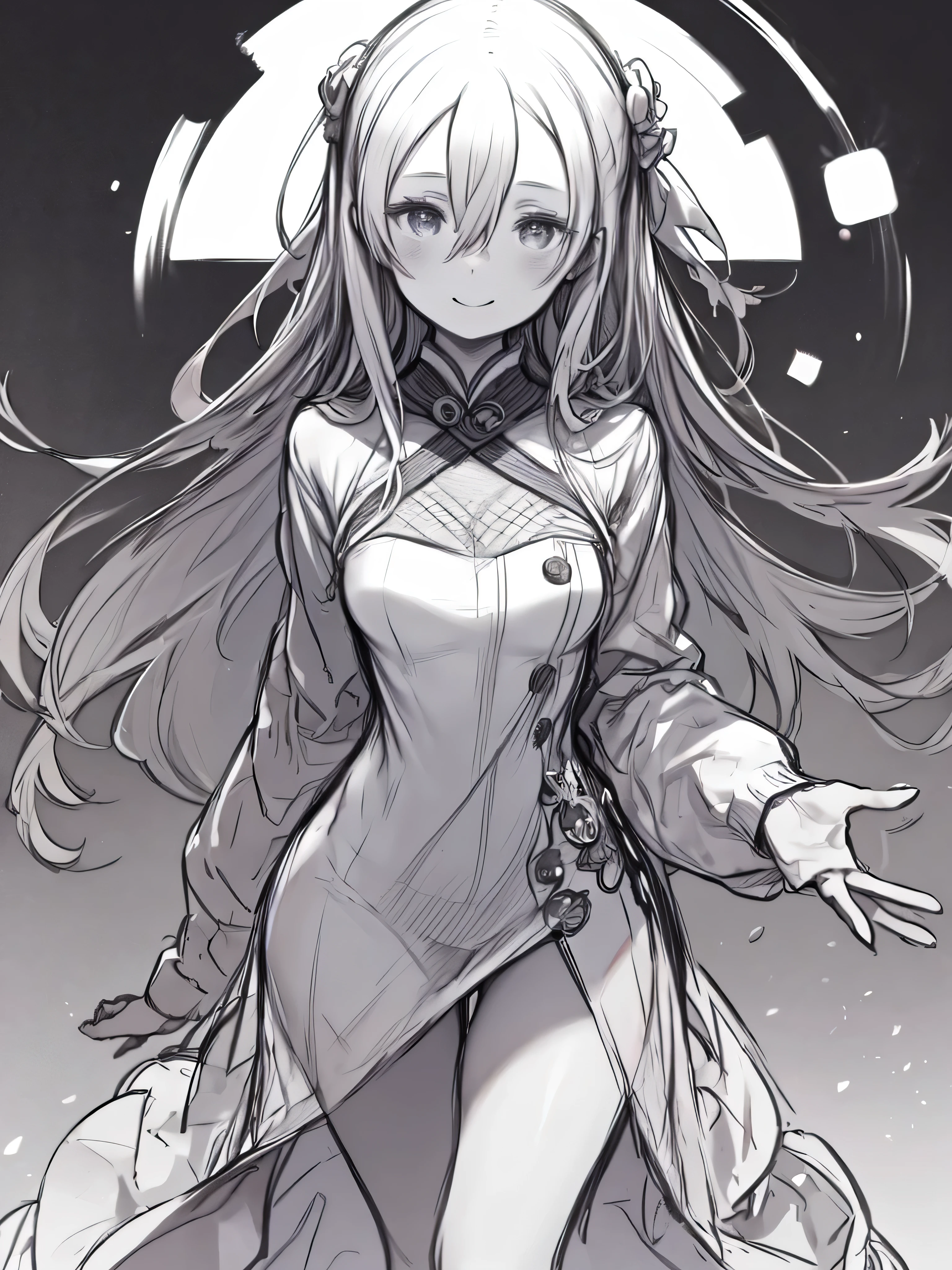 black and white、 Line Art、Sketch、one woman、Stand with your hands between your legs、smile、upper body、hair between eyes、long hair、Thigh Gap、