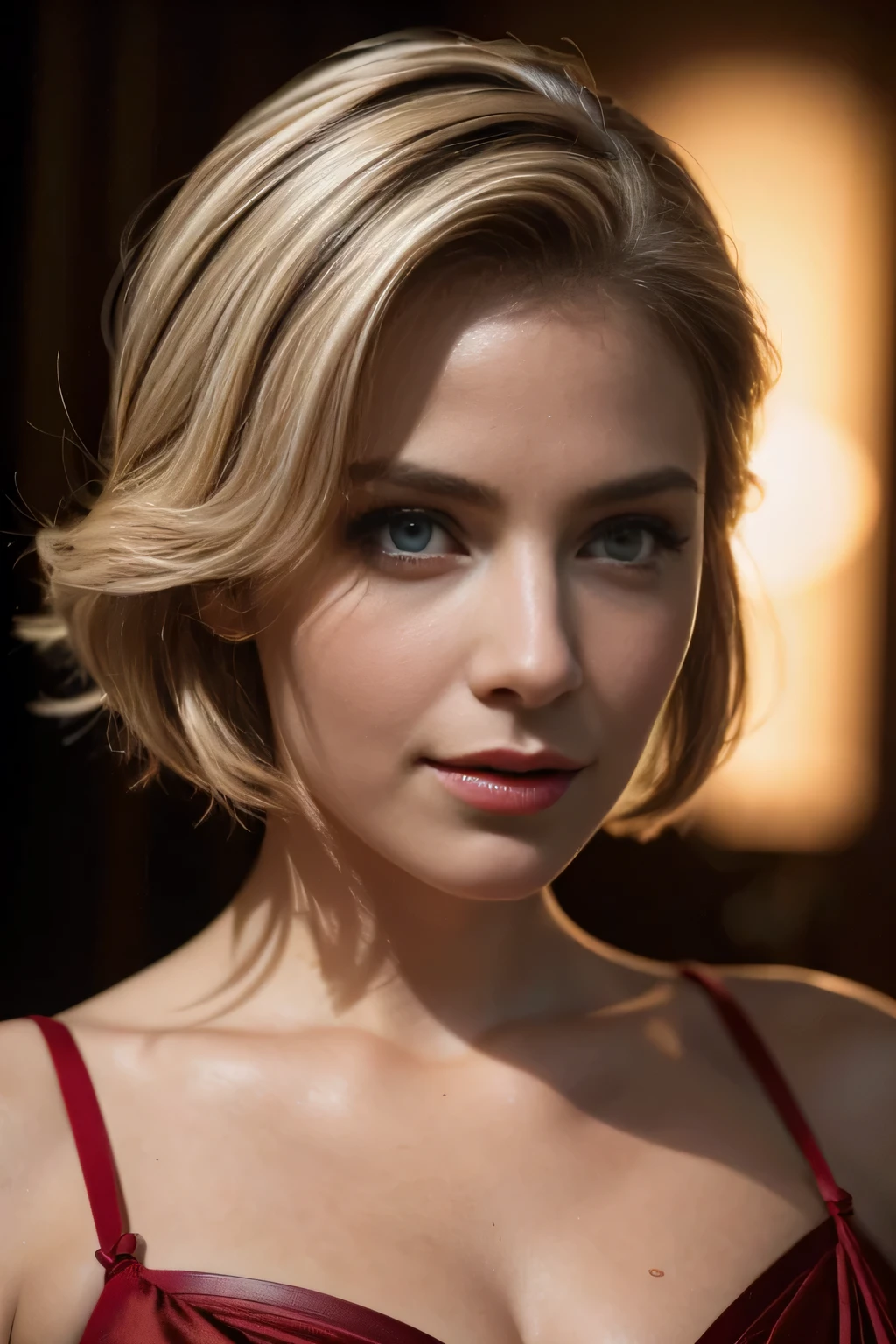 a beautiful woman with large breasts, wearing a short red open dress, military-style haircut, blue eyes, blonde hair, athletic body, sensual pose, (best quality,4k,8k,highres,masterpiece:1.2),ultra-detailed,(realistic,photorealistic,photo-realistic:1.37),highly detailed face, extremely detailed eyes and face, long eyelashes, volumetric lighting, dramatic lighting, cinematic lighting, chiaroscuro lighting, deep shadows, vibrant colors, saturated colors, glowing skin, flawless skin, detailed clothing folds, flowing fabric, glamour photography, fashion photography, editorial style, big smile