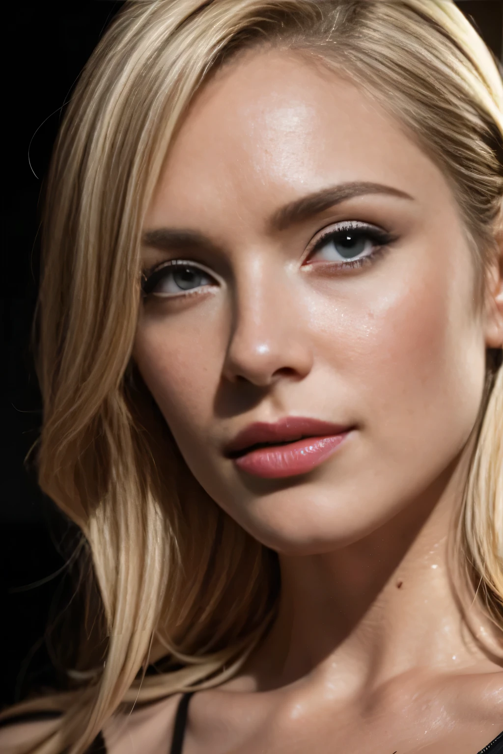 a beautiful woman with large breasts, wearing a short red open dress, military-style haircut, blue eyes, blonde hair, athletic body, sensual pose, (best quality,4k,8k,highres,masterpiece:1.2),ultra-detailed,(realistic,photorealistic,photo-realistic:1.37),highly detailed face, extremely detailed eyes and face, long eyelashes, volumetric lighting, dramatic lighting, cinematic lighting, chiaroscuro lighting, deep shadows, vibrant colors, saturated colors, glowing skin, flawless skin, detailed clothing folds, flowing fabric, glamour photography, fashion photography, editorial style, big smile