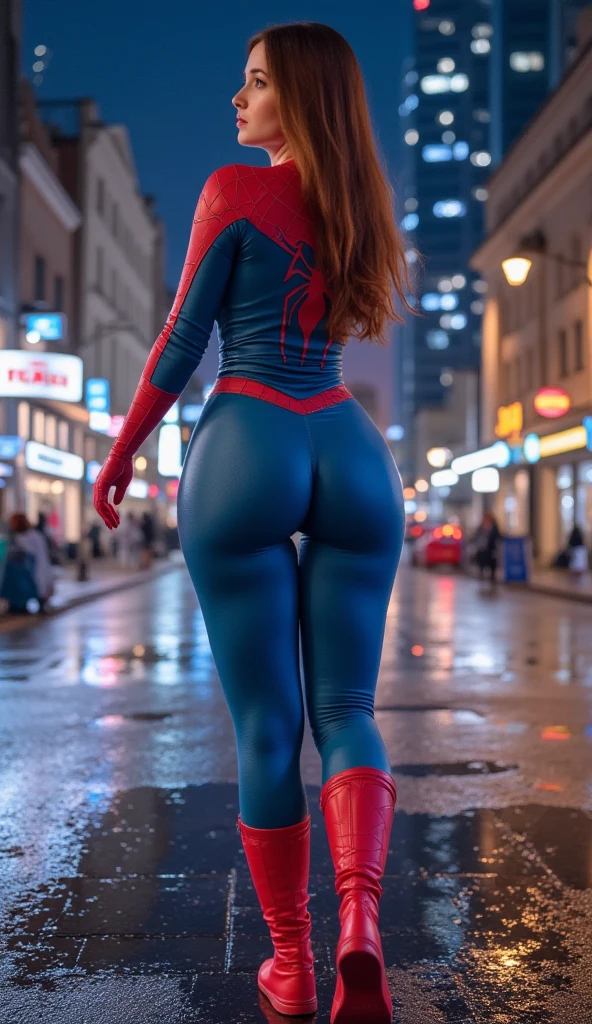 extremely detailed CG,UHD wallpaper, Extreme details,(realistic:1.2),(((best quality))), ((ultra-detailed)), (cute detailed face:1.2), {{highly detailed face}},beautiful and aesthetic,1girl,(masterpiece:1.4),glowing skin,dramatic shadows, intense shadows, SIGMA 35mm F1.4, ISO 200 Shutter Speed 2000,Photorealism,{photorealistic}, photogenic, Girl, finely detailed,HIGH RES, {{intricate detail}},(((beautiful detailed lighting))),beautiful detailed colorful eyes, best quality, 1girl, masterpiece, best quality, 8k, detailed skin texture, detailed cloth texture, beautiful detailed face, intricate details, ultra detailed, european youth, european beauty, Spider-Man uniform, straight red hair, freckles, perfect ass, beautifull ass, (full body:1.5), (detailed eye:1.2), new york streets, from back, dynamic pose