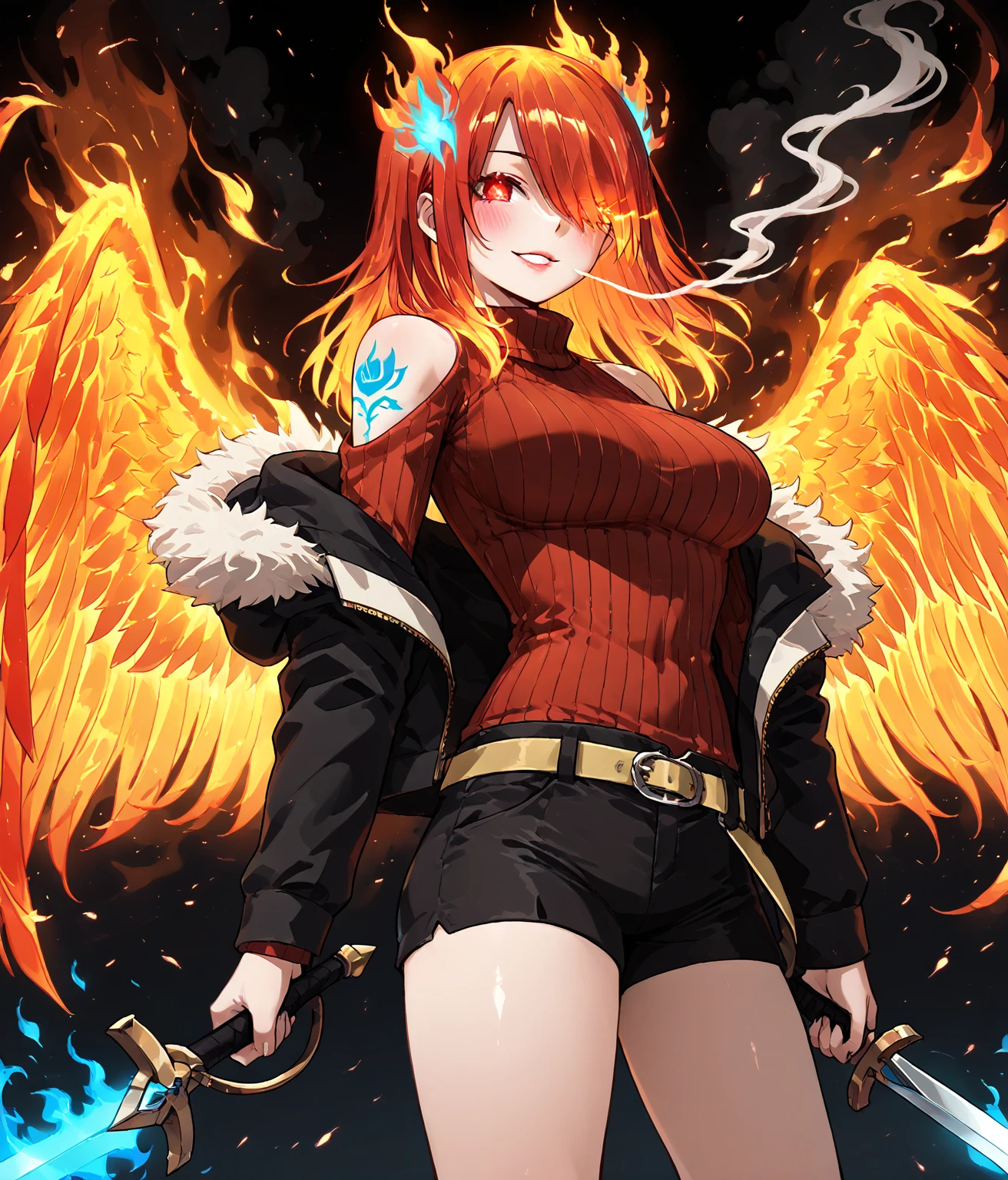 masterpiece, high quality, 1girl, DarkPhoenixDG, , long hair, messy hair, red hair, glowing eyes, flaming eye, yellow sash, aura, magic, fire, fiery hair,blue flame spirit, burning body, body on fire, fabric made of blue flame, glowing blue flame stockings,  radiant skin, ((aura filter)), (black and cyan theme), (neon glow),  flame hair, black jacket, off shoulder, fur trim, red sweater, ribbed sweater, turtleneck, shoulder cutout, long sleeves, black shorts,smile, red eyes, hair over one eye,FireelementalIL, fire(theme), LivingFlameIL.V1.0, LivingFlameIL.V1.0-female, FireelementalIL.V1-female, fire hair, sword in hand, blue flaming sword, glowing blue sword, cigarette, blowing smoke,  smoke, belt, fire hair ornament, shoulder tattoo, fairy tail guild mark ,DarkPhoenixDG, , long hair, , red hair, yellow sash, magic, fire, fiery hair,f1r3elemental style, fire, flames, smoke, embers, made of fire, on fire,blue flame spirit,  burning body, body on fire, fabric made of blue flame, glowing blue flame stockings,  radiant skin, ((aura filter)), (black and cyan theme), (neon glow),  flame hair,black jacket, off shoulder, fur trim, red sweater, ribbed sweater, turtleneck, shoulder cutout, long sleeves, black shorts, blush,smile, red eyes, hair over one eye, blue fire, flame emblem, fire pendant, lipstick, full lips, soft lips, lipgloss, reflecting lips, make up, from side, zipped-up jacket, wings, feathered wings, flaming wings, fire wings, flame wings, phoenix girl,phoenix wings,phoenix , etheral phoenix , Ethereal phoenix, flaming phoenix, flameless phoenix, immolation phoenix