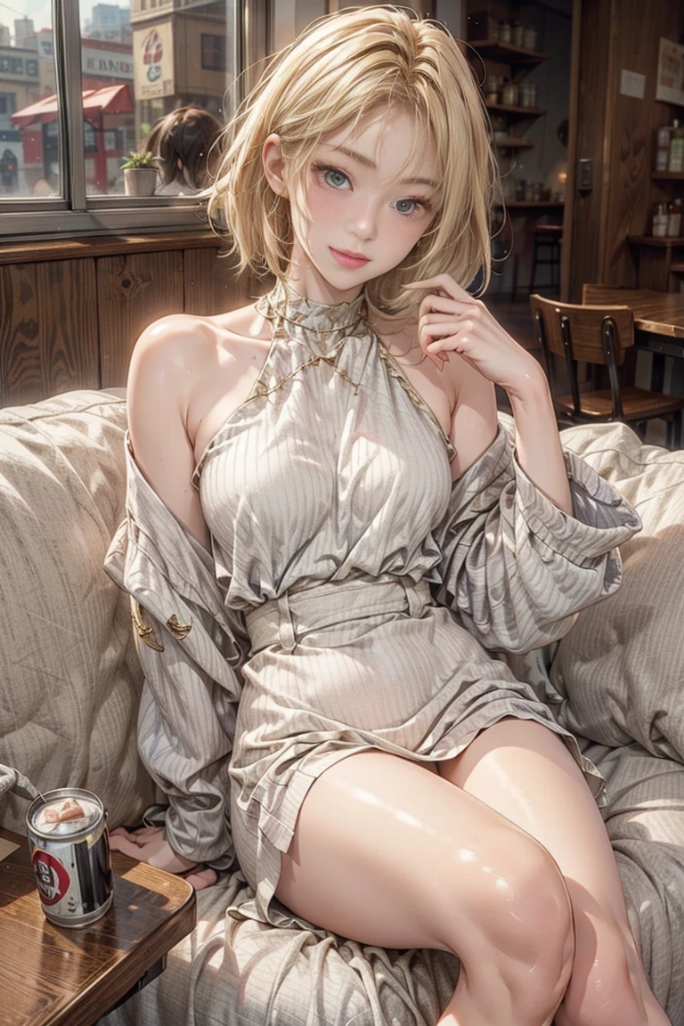 Beige color Burberry plaid kimono、Black eyeliner and black eyeshadow、A detailed face、detailed facial expression、Shoot from the waist up、Dynamic Posing、Fancy makeup、See-through stall、Platinum Color Hair、short-hair、